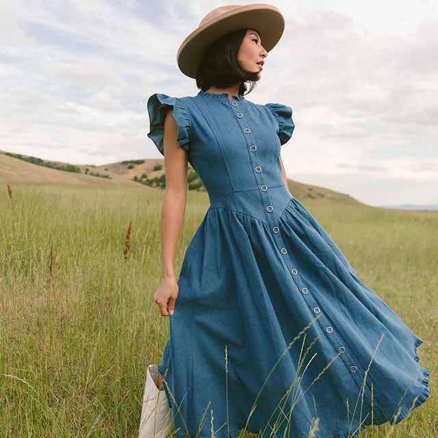 Blue Denim Midi Dress With Ruffled Details Blue Denim Midi Dress With Ruffled Details — Dresses to Wear