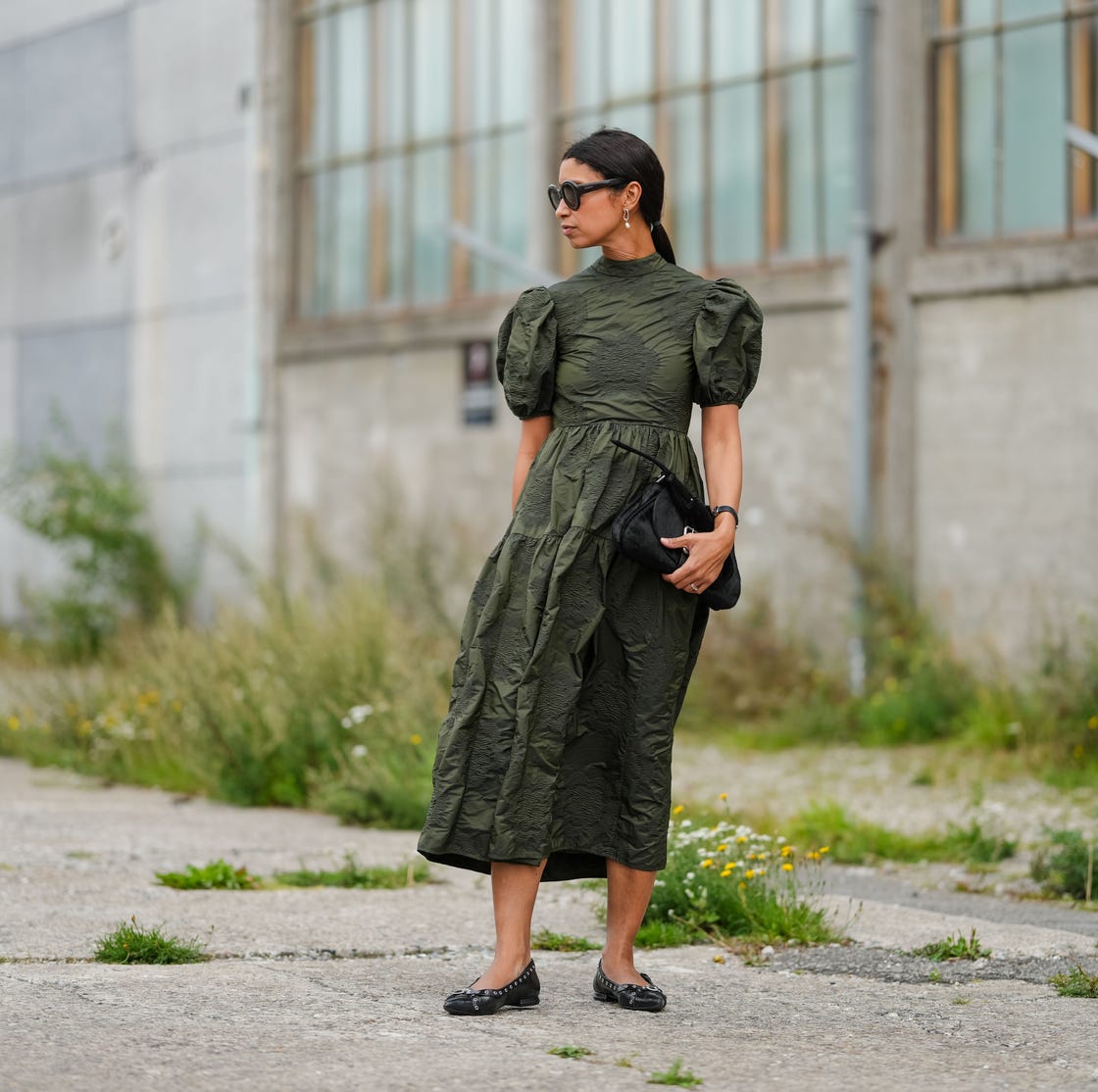 Olive Green Textured Midi Dress With Puff Sleeves Olive Green Textured Midi Dress With Puff Sleeves — Dresses to Wear
