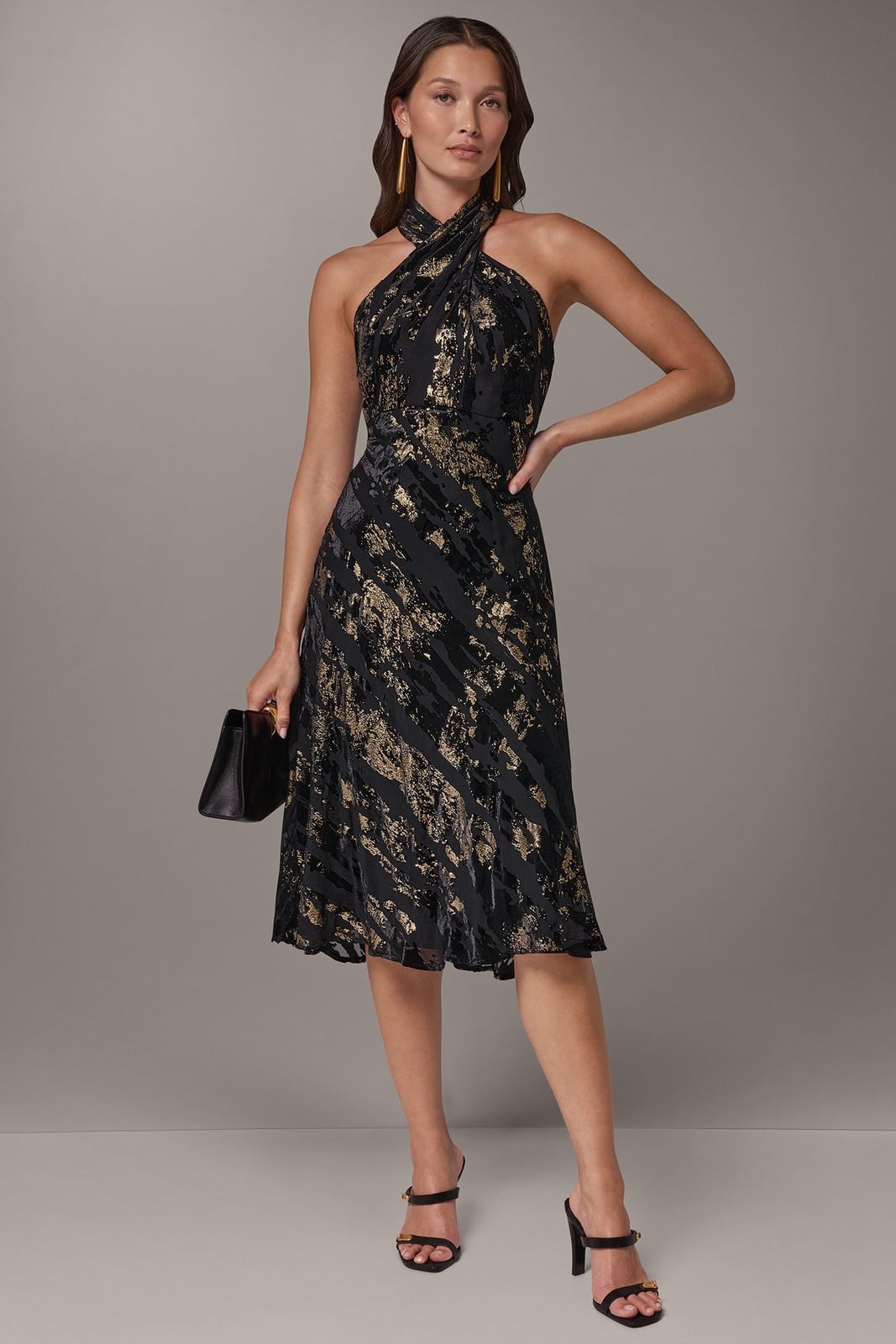 Black Halter Neck Midi Dress With Gold Print Black Halter Neck Midi Dress With Gold Print — Dresses to Wear