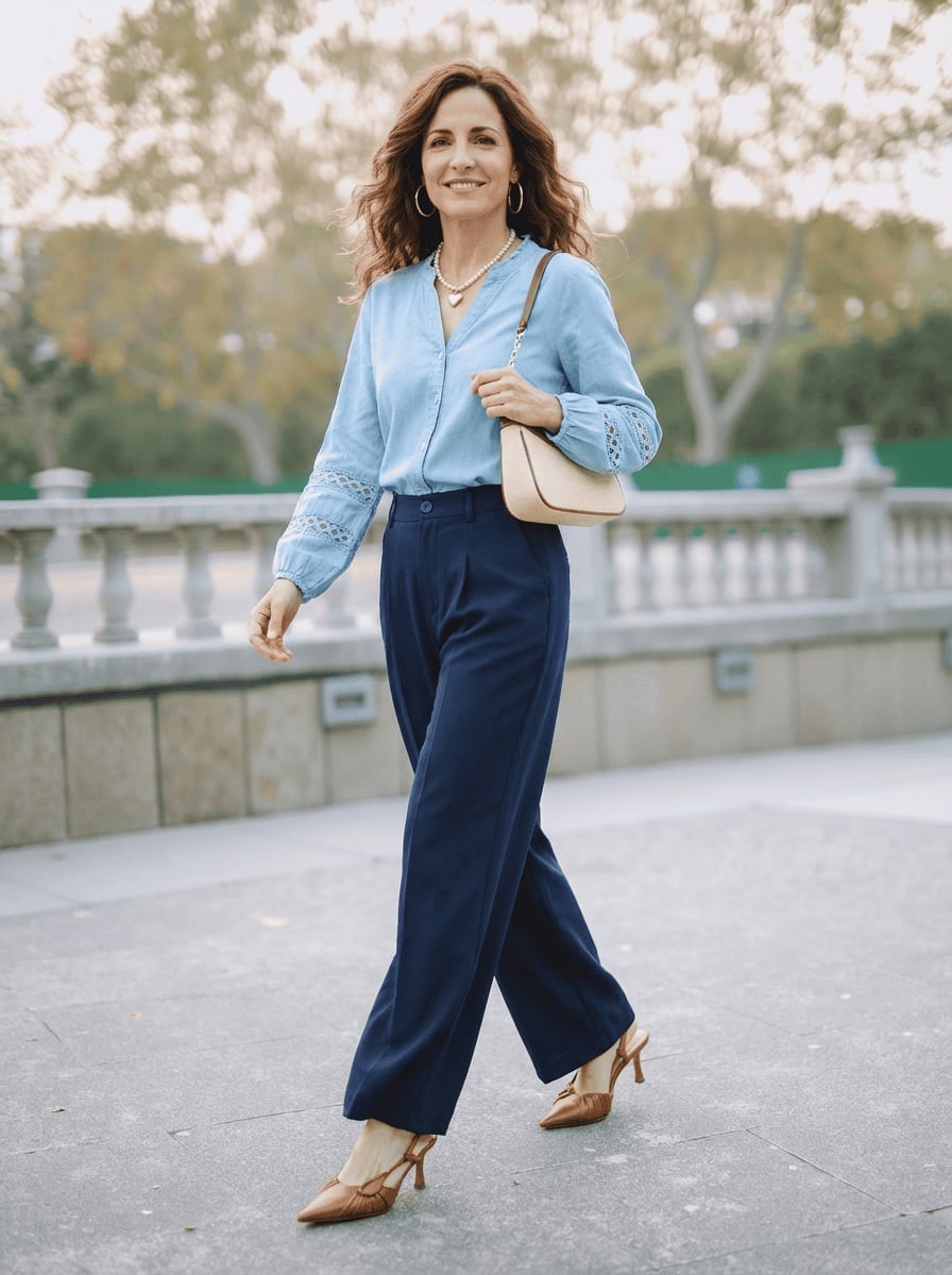 Blue Lace-Trimmed Blouse with Wide-Leg Trousers Blue Lace-Trimmed Blouse with Wide-Leg Trousers — Dressy Outfits