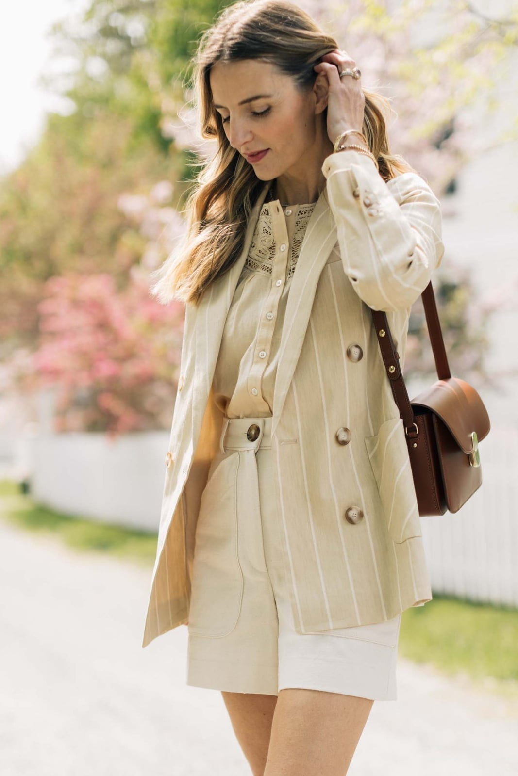 Striped Linen-Blend Blazer and Tailored Shorts Striped Linen-Blend Blazer and Tailored Shorts — Dressy Outfits