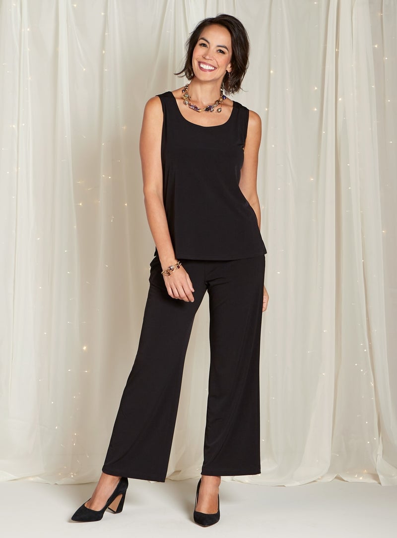 Black Tank Top and Wide-Leg Trousers Black Tank Top and Wide-Leg Trousers — Dressy Outfits