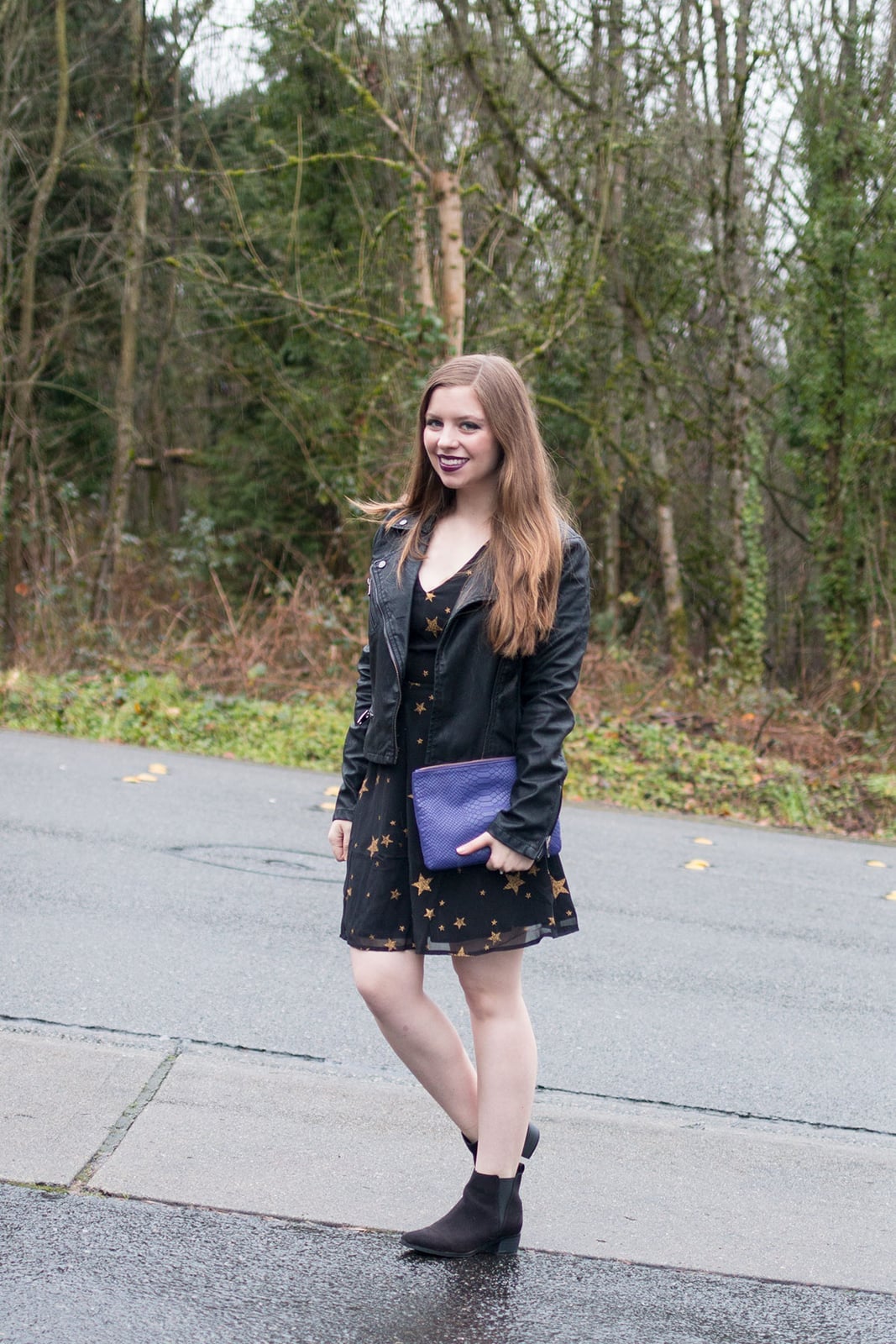 Black Moto Jacket Over Star-Print Dress Black Moto Jacket Over Star-Print Dress — Dressy Outfits