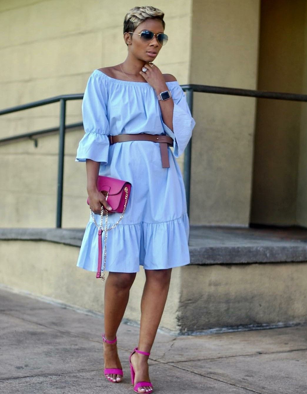 Light Blue Off-the-Shoulder Dress with Ruffles Light Blue Off-the-Shoulder Dress with Ruffles — Dressy Outfits