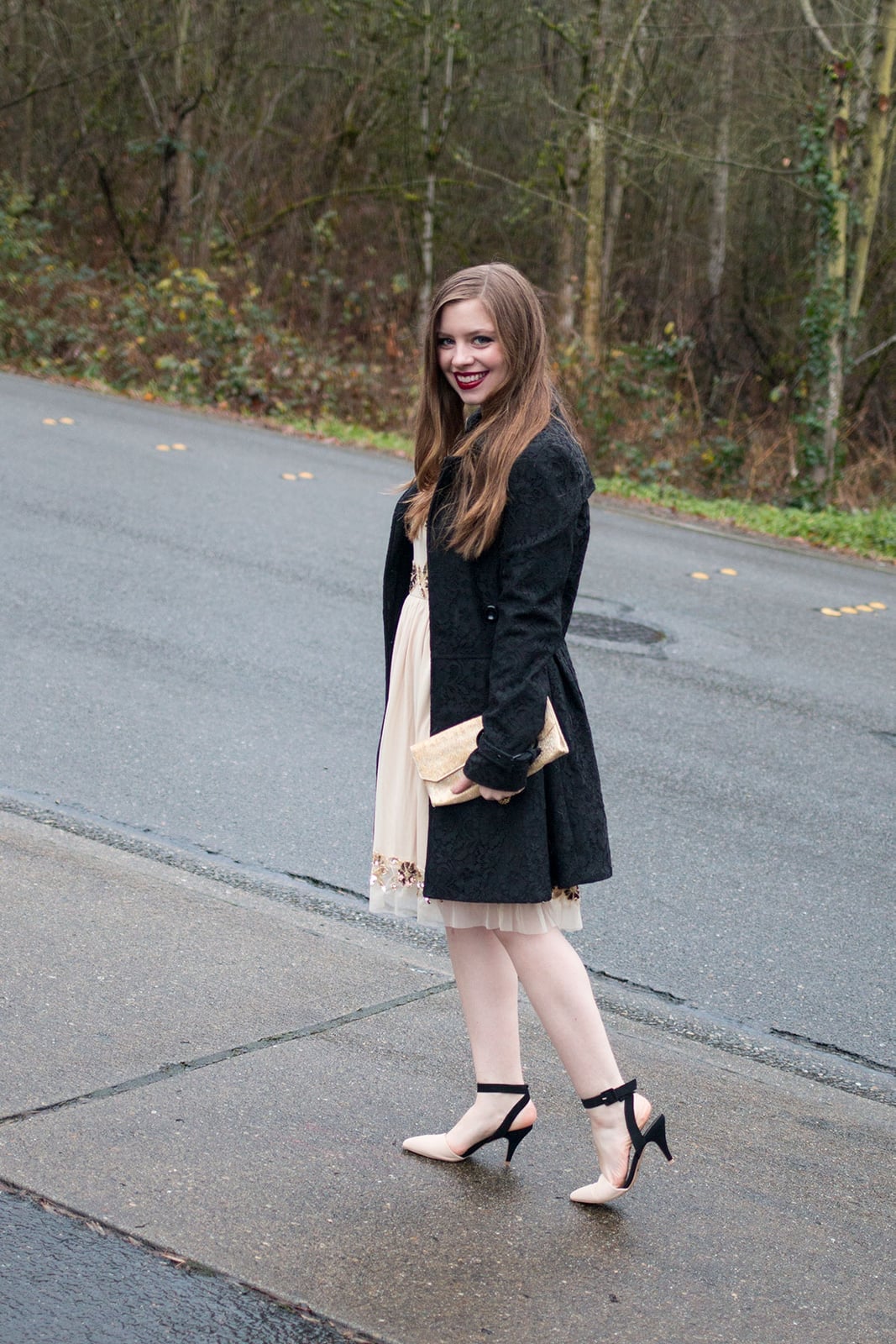 Embellished Cream Dress with Wool Coat Embellished Cream Dress with Wool Coat — Dressy Outfits