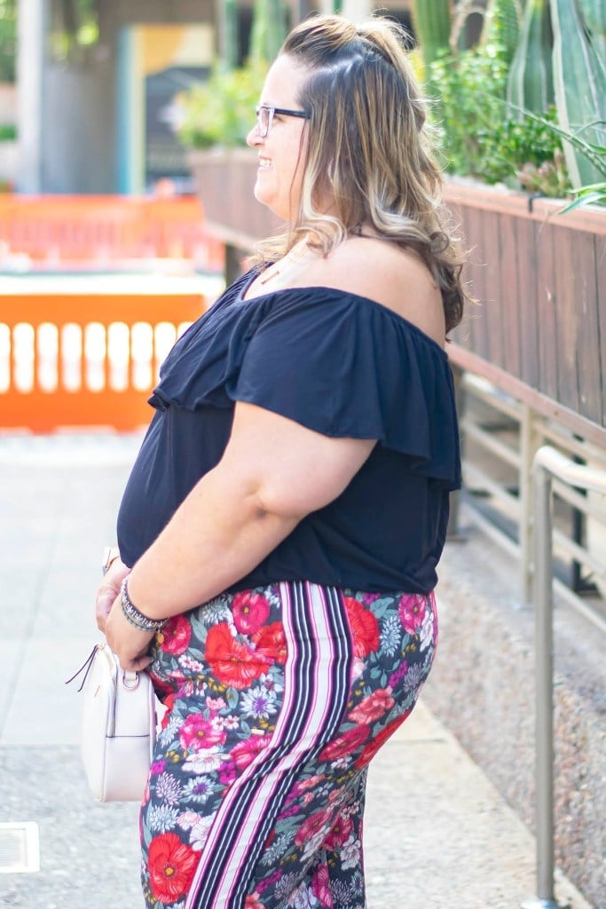 Black Off-the-Shoulder Top and Floral Trousers Black Off-the-Shoulder Top and Floral Trousers — Dressy Outfits