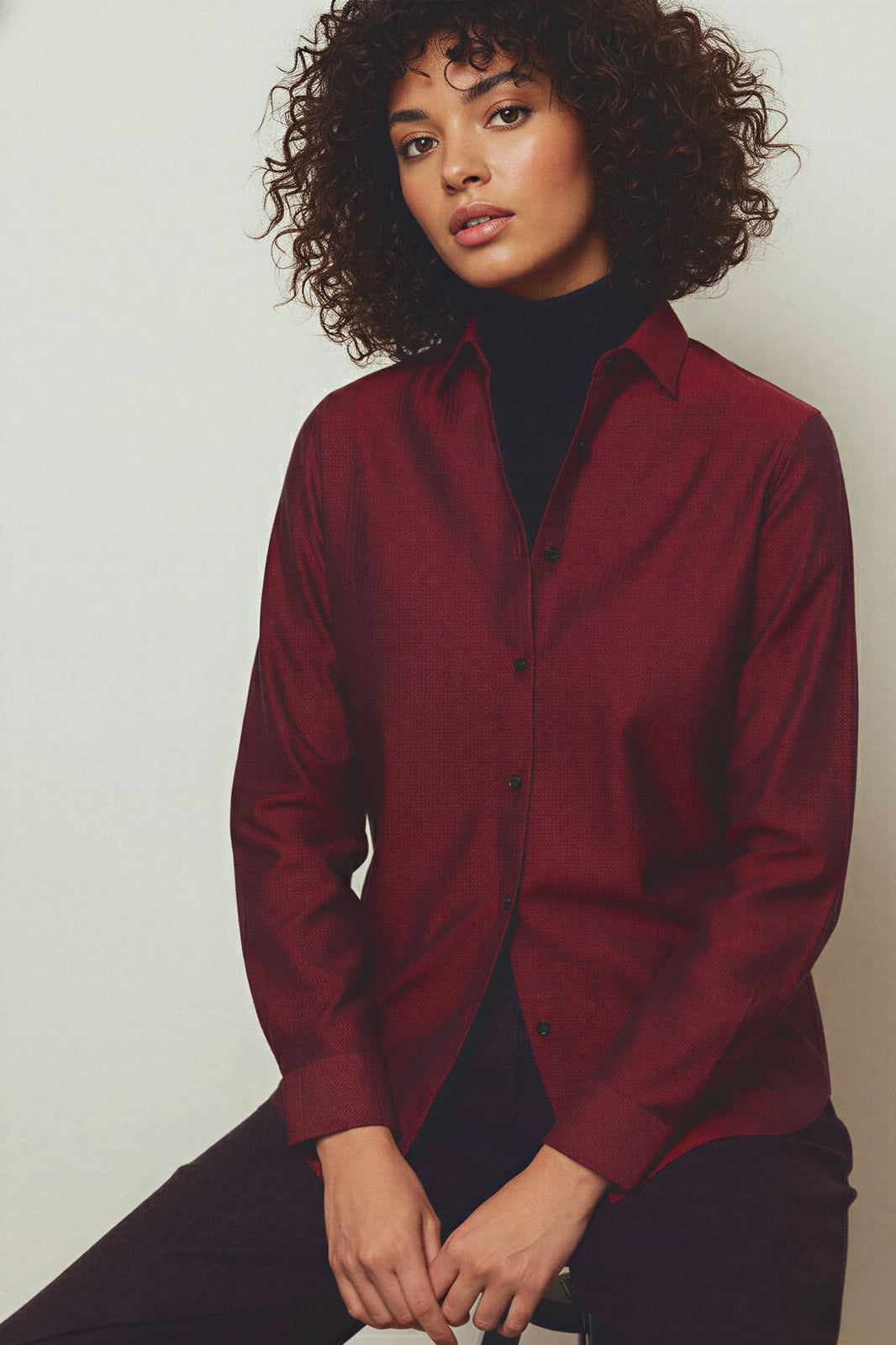 Textured Red Collared Shirt Over Turtleneck Textured Red Collared Shirt Over Turtleneck — Dressy Outfits