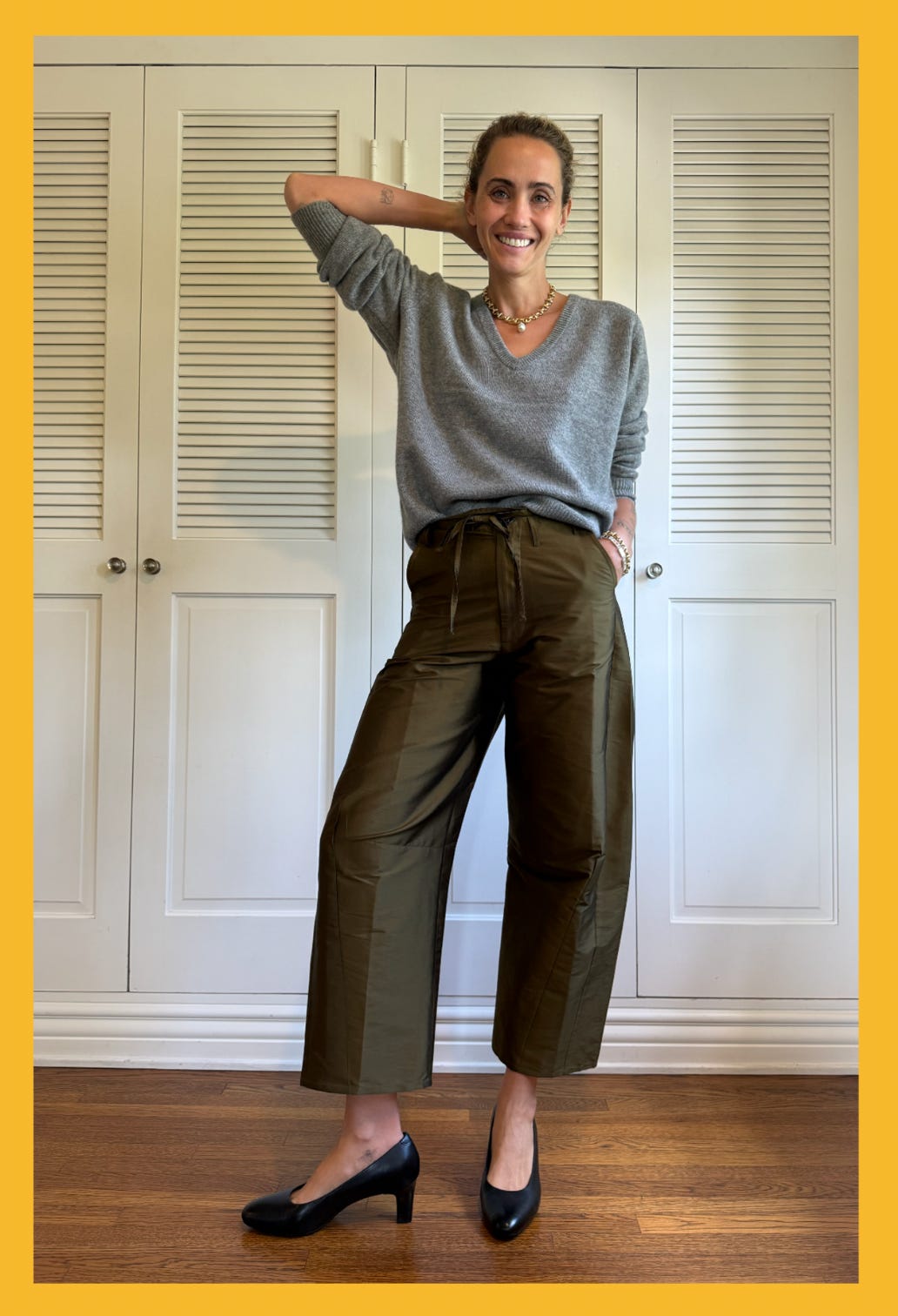Gray V-Neck Sweater and Olive Wide-Leg Trousers Gray V-Neck Sweater and Olive Wide-Leg Trousers — Dressy Outfits