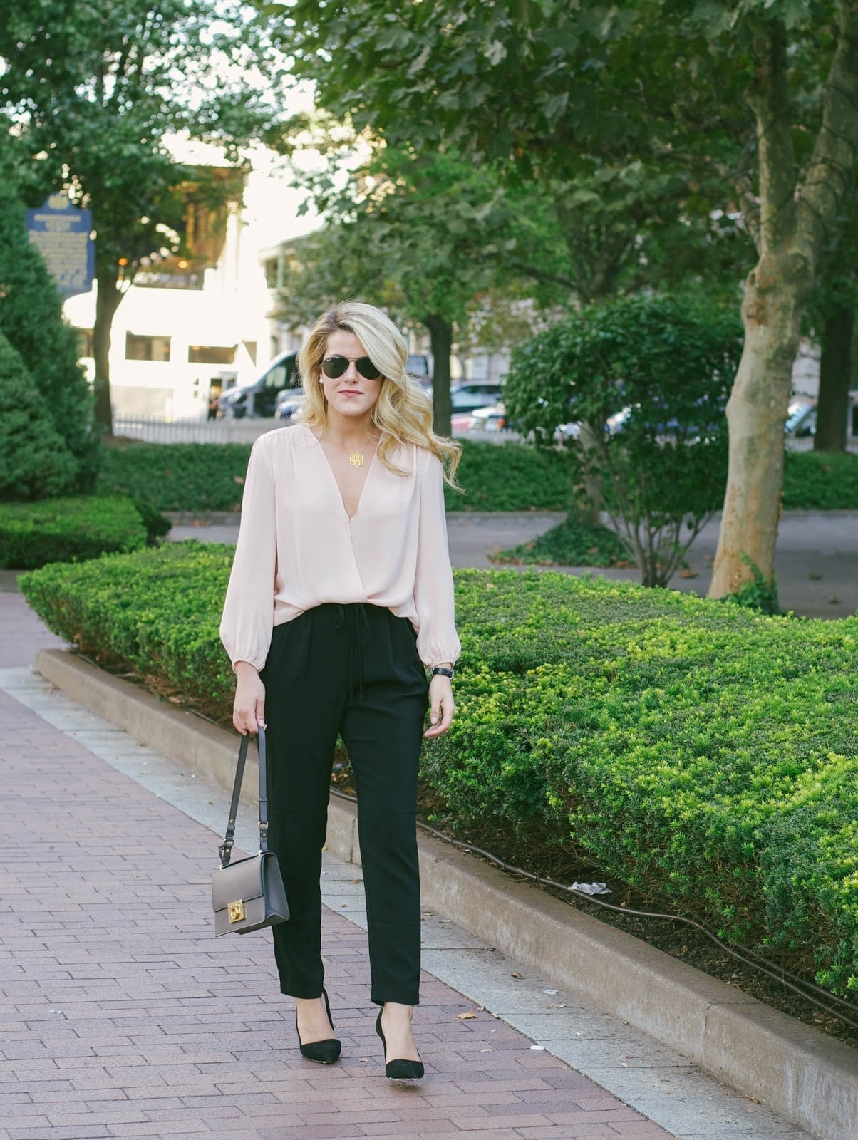 Pale Pink Silk Blouse and Tapered Trousers Pale Pink Silk Blouse and Tapered Trousers — Dressy Outfits