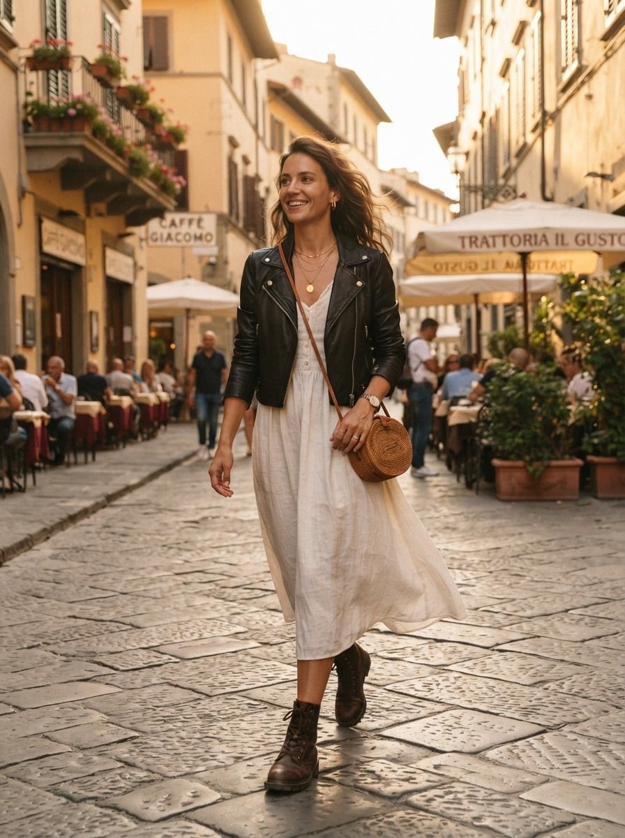 Leather jacket over linen midi dress Leather jacket over linen midi dress — Edgy Outfits