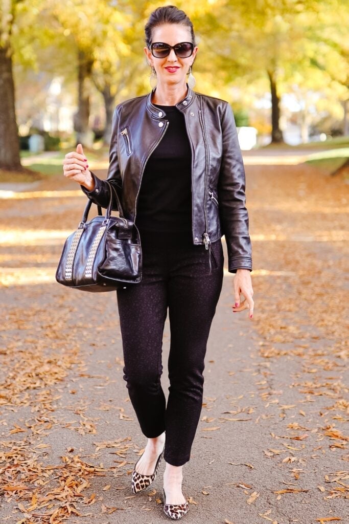 Leather jacket with textured pants and leopard flats Leather jacket with textured pants and leopard flats — Edgy Outfits
