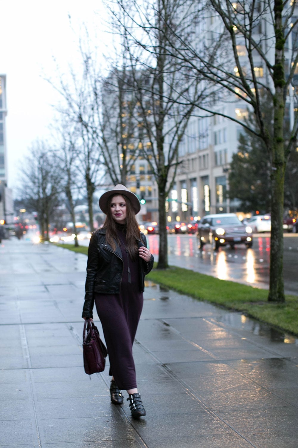 Leather jacket over knit dress with chunky boots Leather jacket over knit dress with chunky boots — Edgy Outfits