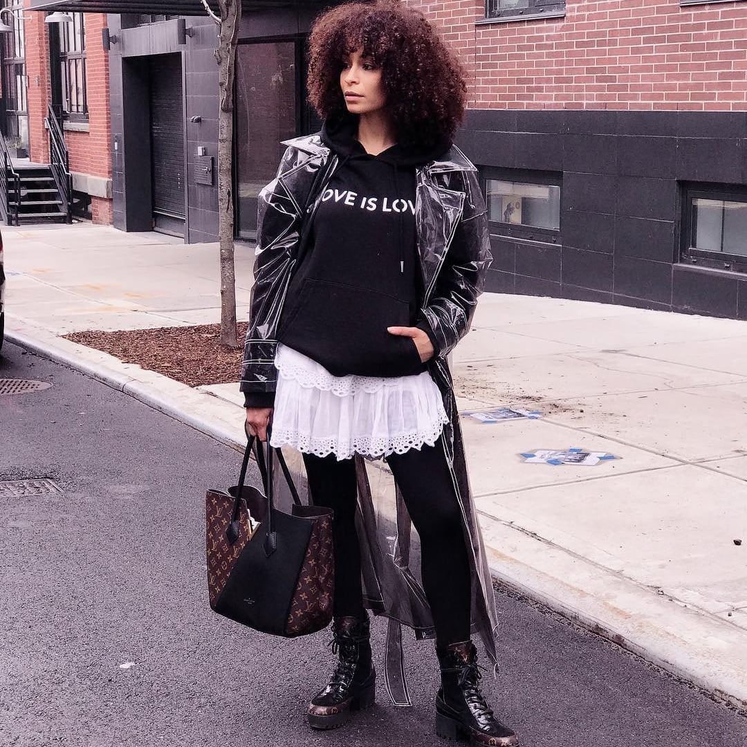 Vinyl trench coat over hoodie and lace skirt Vinyl trench coat over hoodie and lace skirt — Edgy Outfits