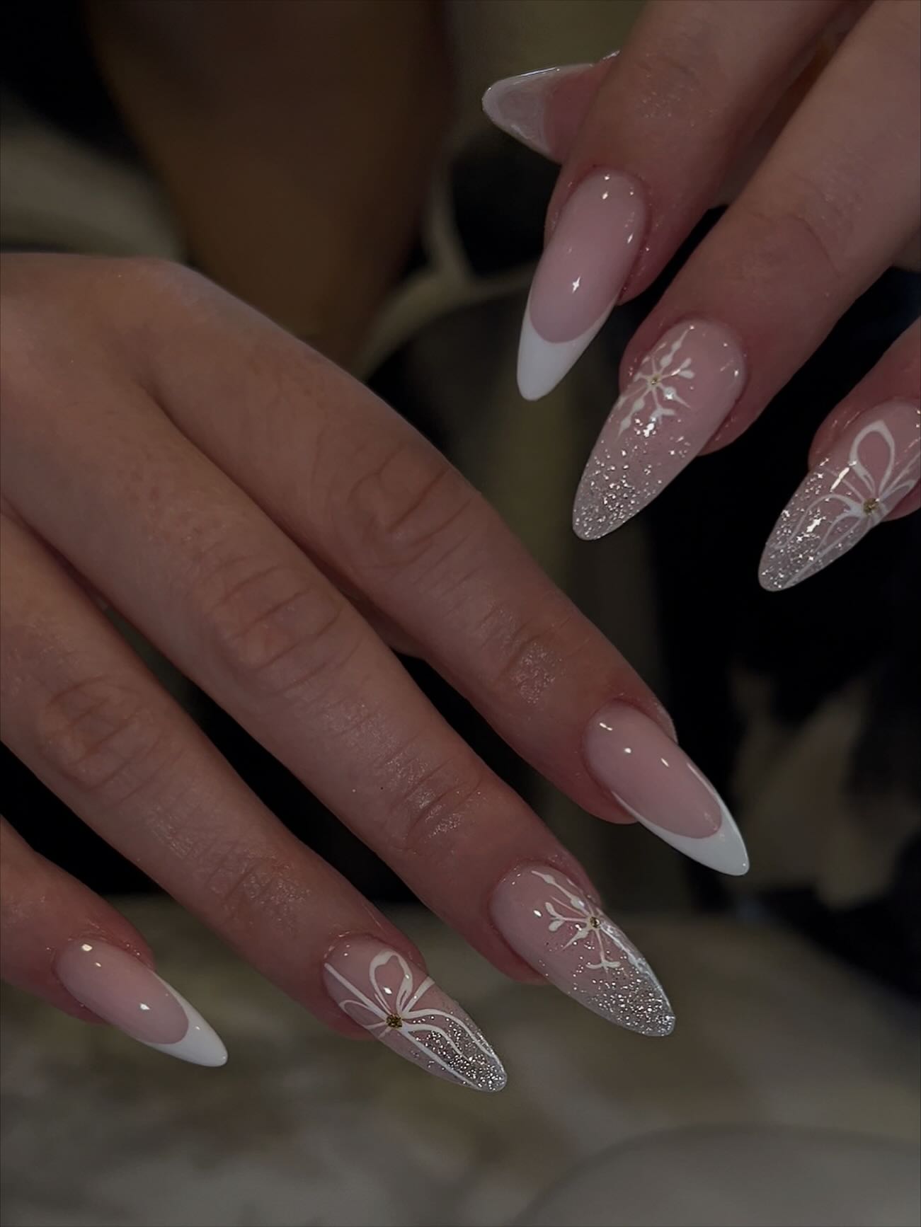 Elegant Almond Snowflake French Christmas Nails