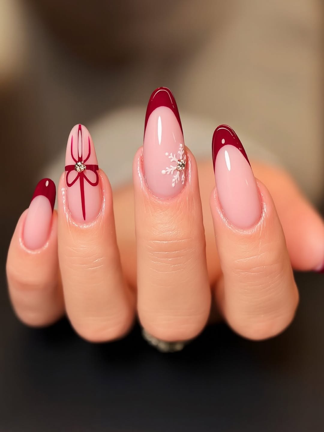 Elegant Burgundy French Tip Almond Nails