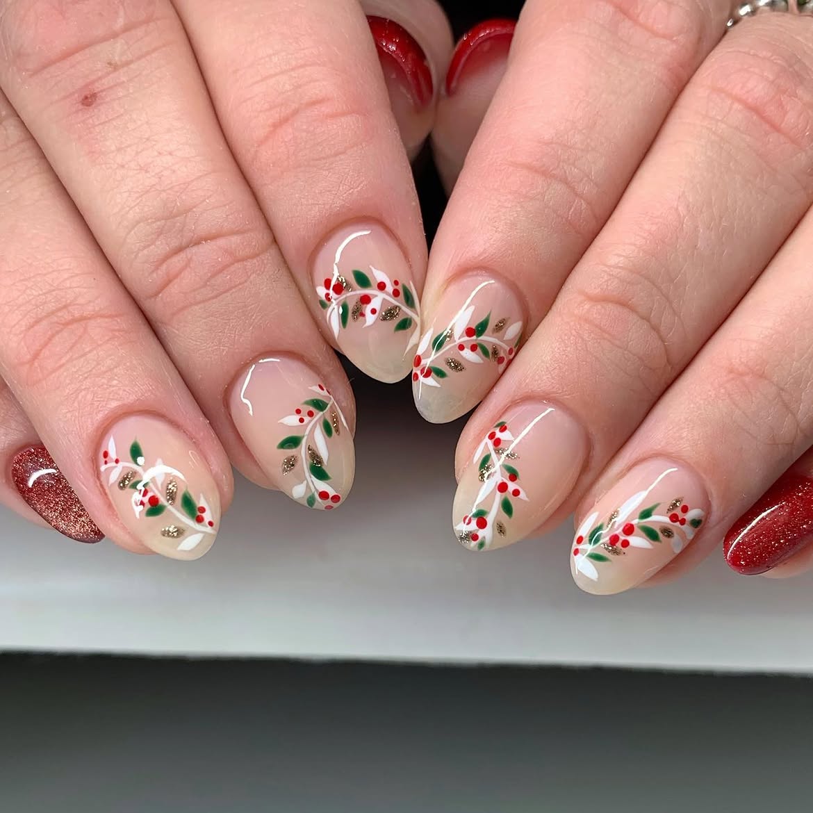 Elegant Christmas Holly Berry Oval Nails