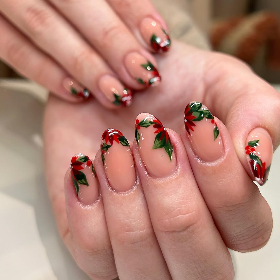 Elegant Christmas Poinsettia Almond Nails