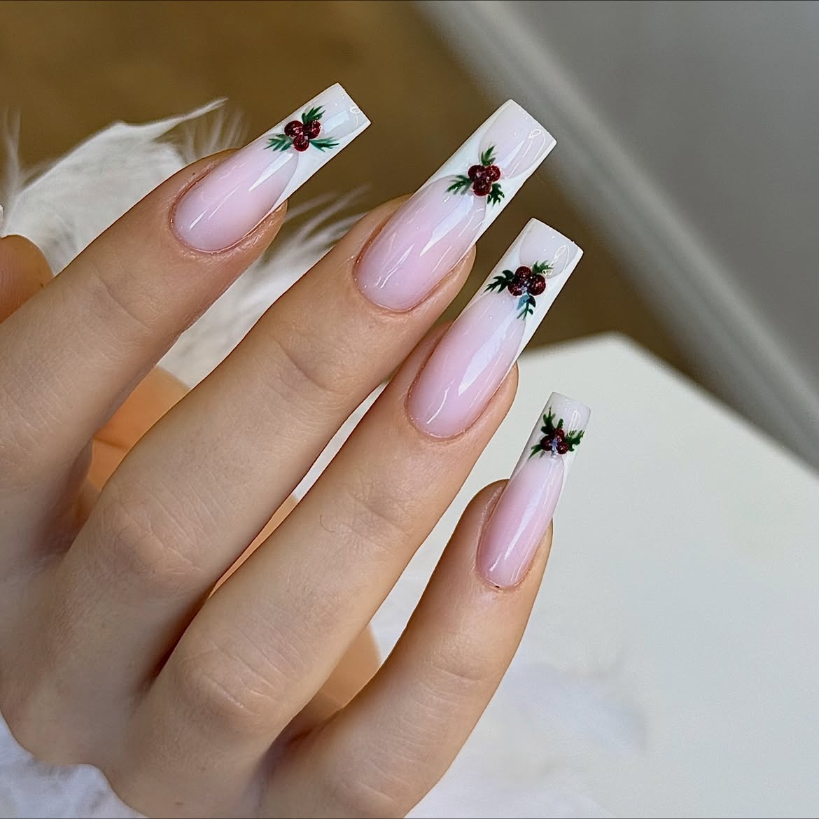 Elegant French Tip Christmas Berry Accent Nails