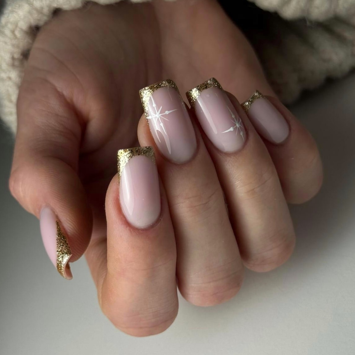 Elegant Gold Glitter French Tip Christmas Nails