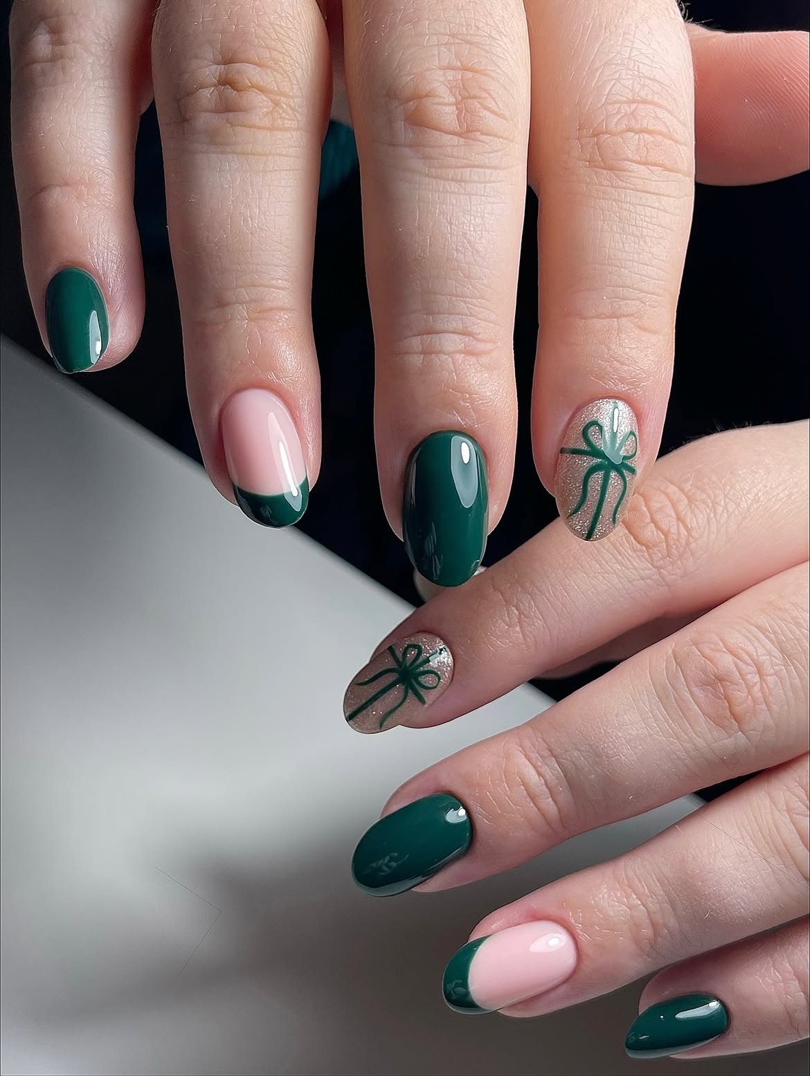 Elegant Green Bow French Tip Nails