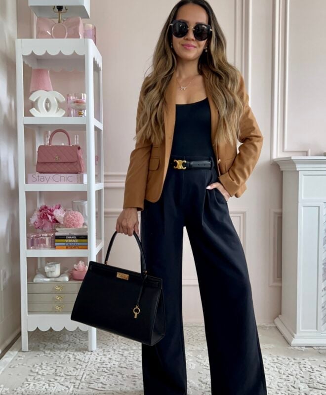 Camel Blazer With Wide-Leg Trousers, Black Pointed Heels Camel Blazer With Wide-Leg Trousers, Black Pointed Heels — Elegant Outfits