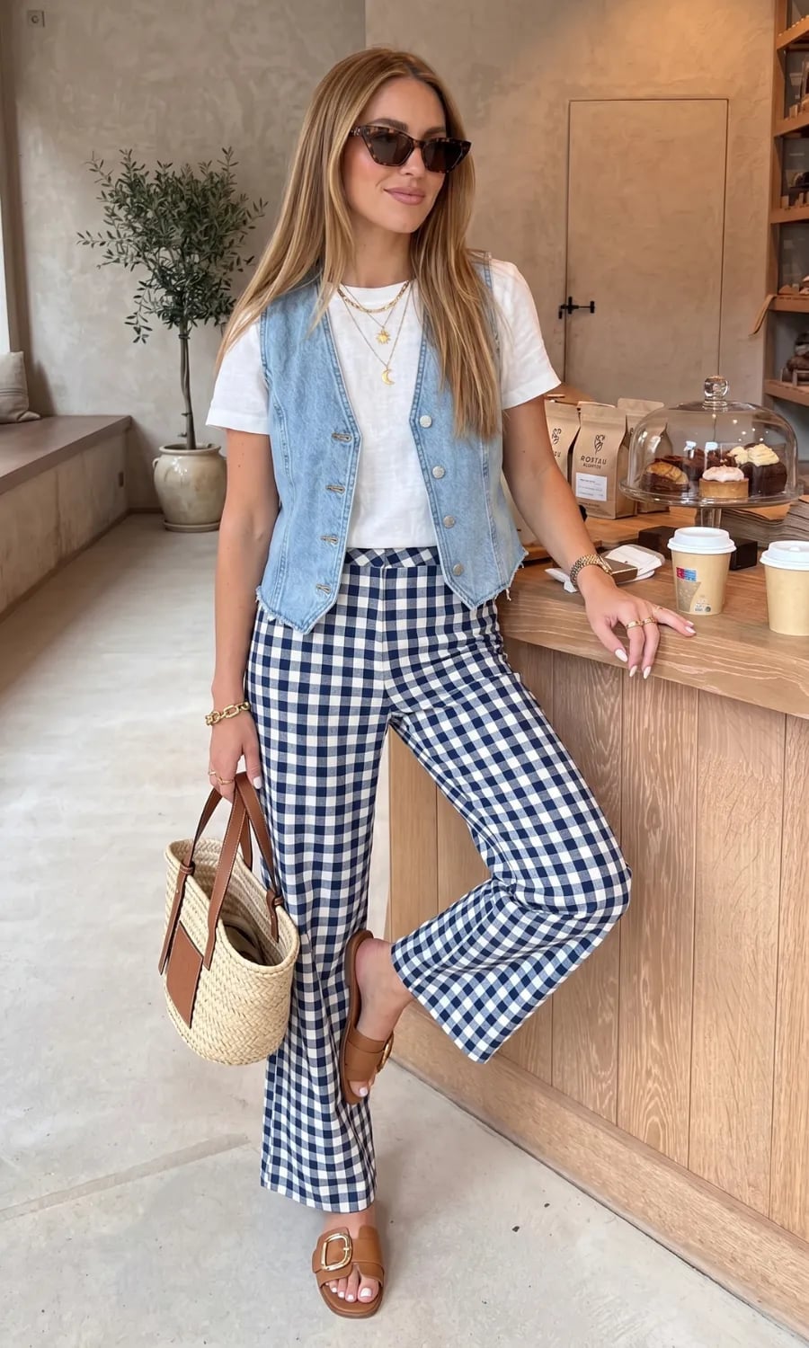Gingham Check Trousers With Denim Vest Gingham Check Trousers With Denim Vest — Elegant Outfits