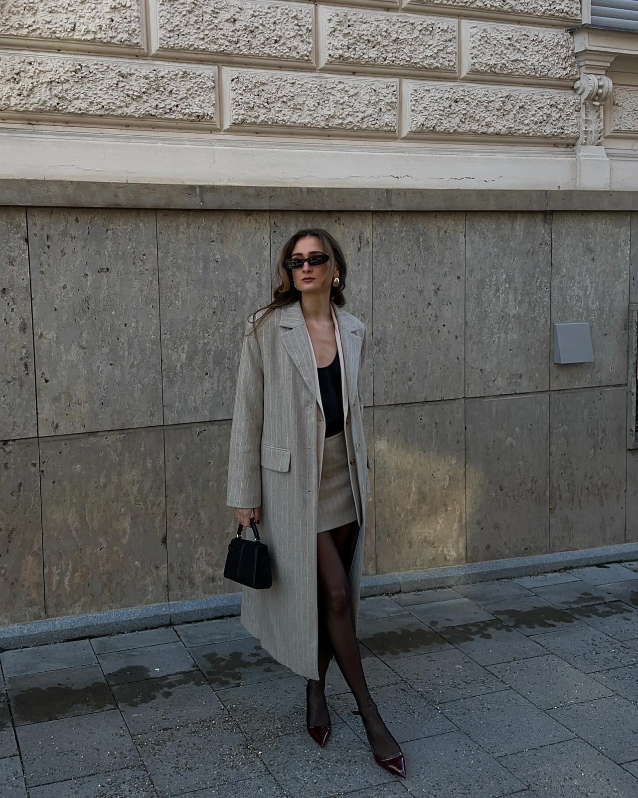 Pinstripe Coat Over Camisole And Skirt Pinstripe Coat Over Camisole And Skirt — Elegant Outfits
