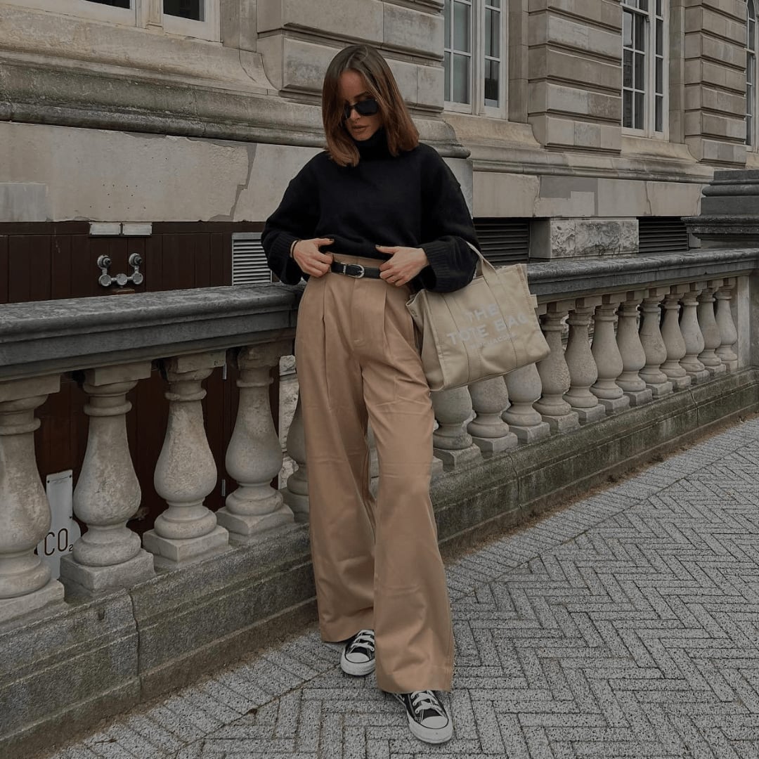 Oversized Sweater With Wide-Leg Trousers, Sneakers Oversized Sweater With Wide-Leg Trousers, Sneakers — Elegant Outfits