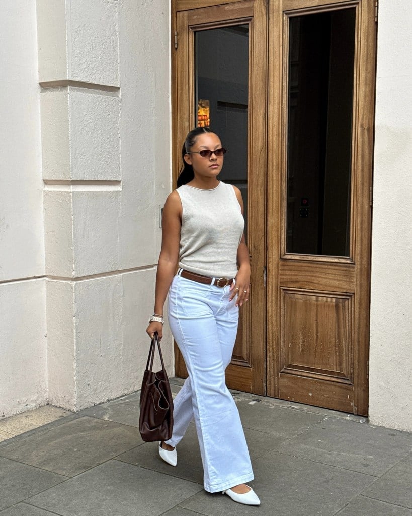 Flared White Jeans With Knit Tank Flared White Jeans With Knit Tank — Elegant Outfits