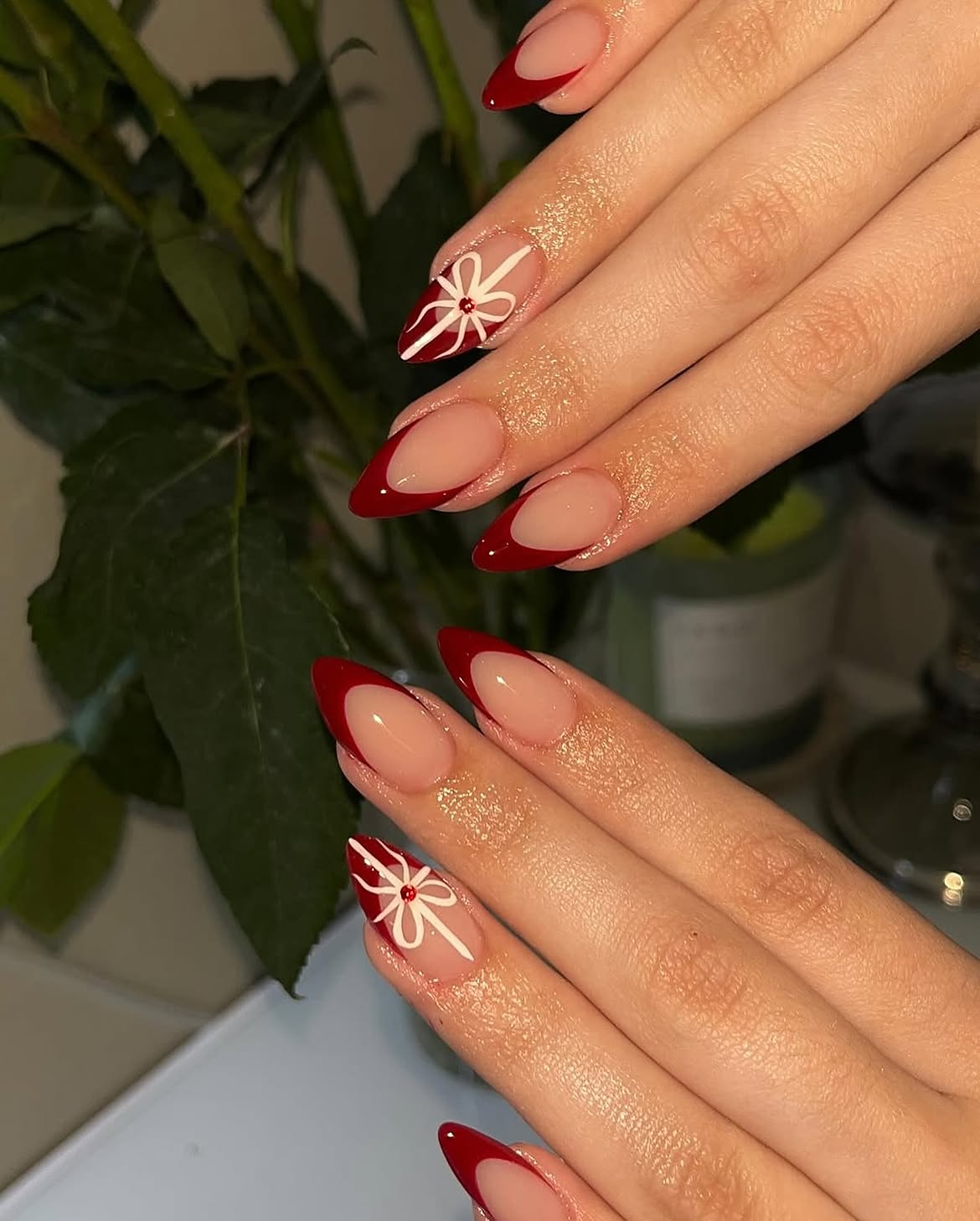 Elegant Red French Tip Gift Bow Nails