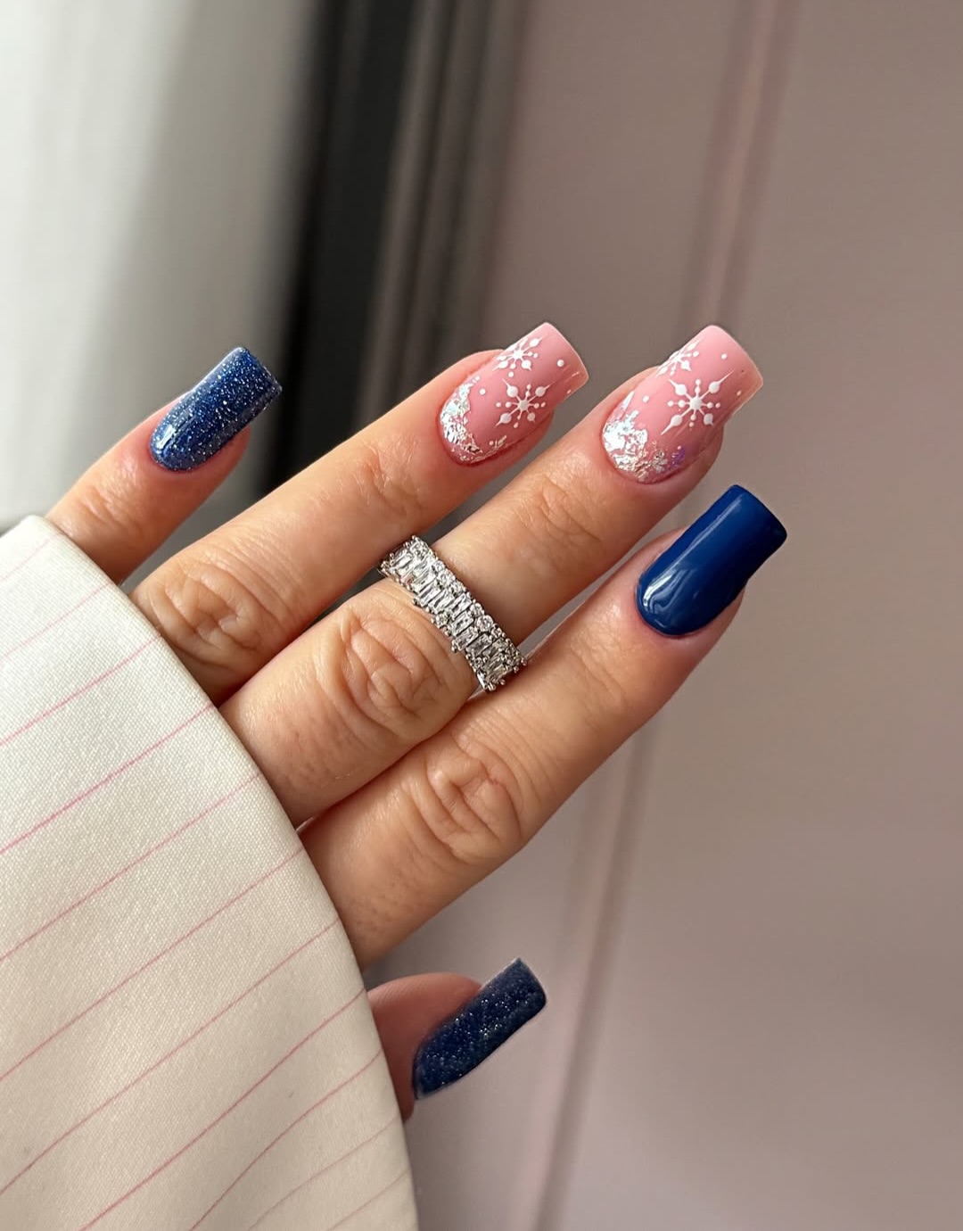 Elegant Snowflake French Tip Square Nails