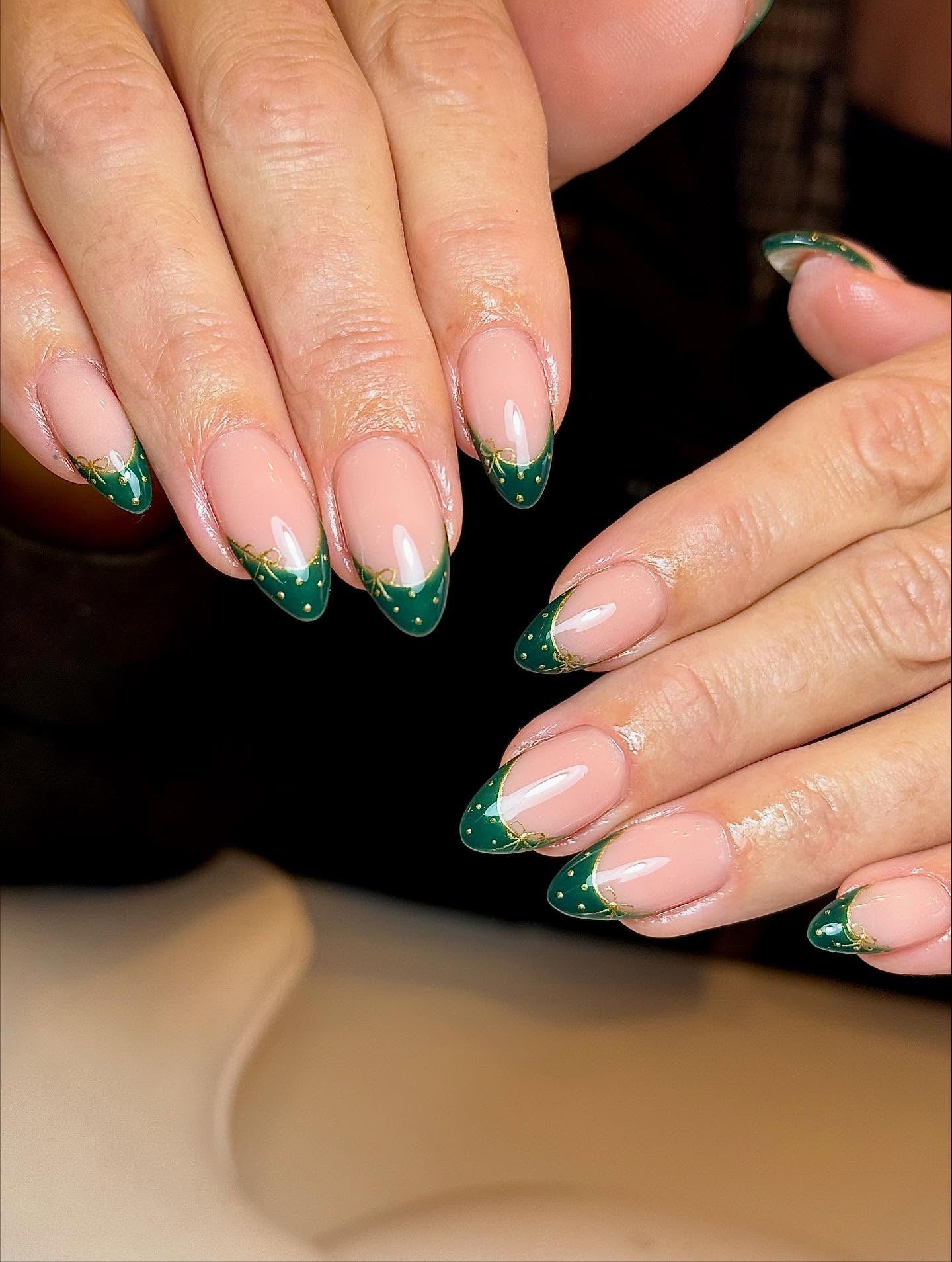 Emerald French Tips with Gold Bows and Dots