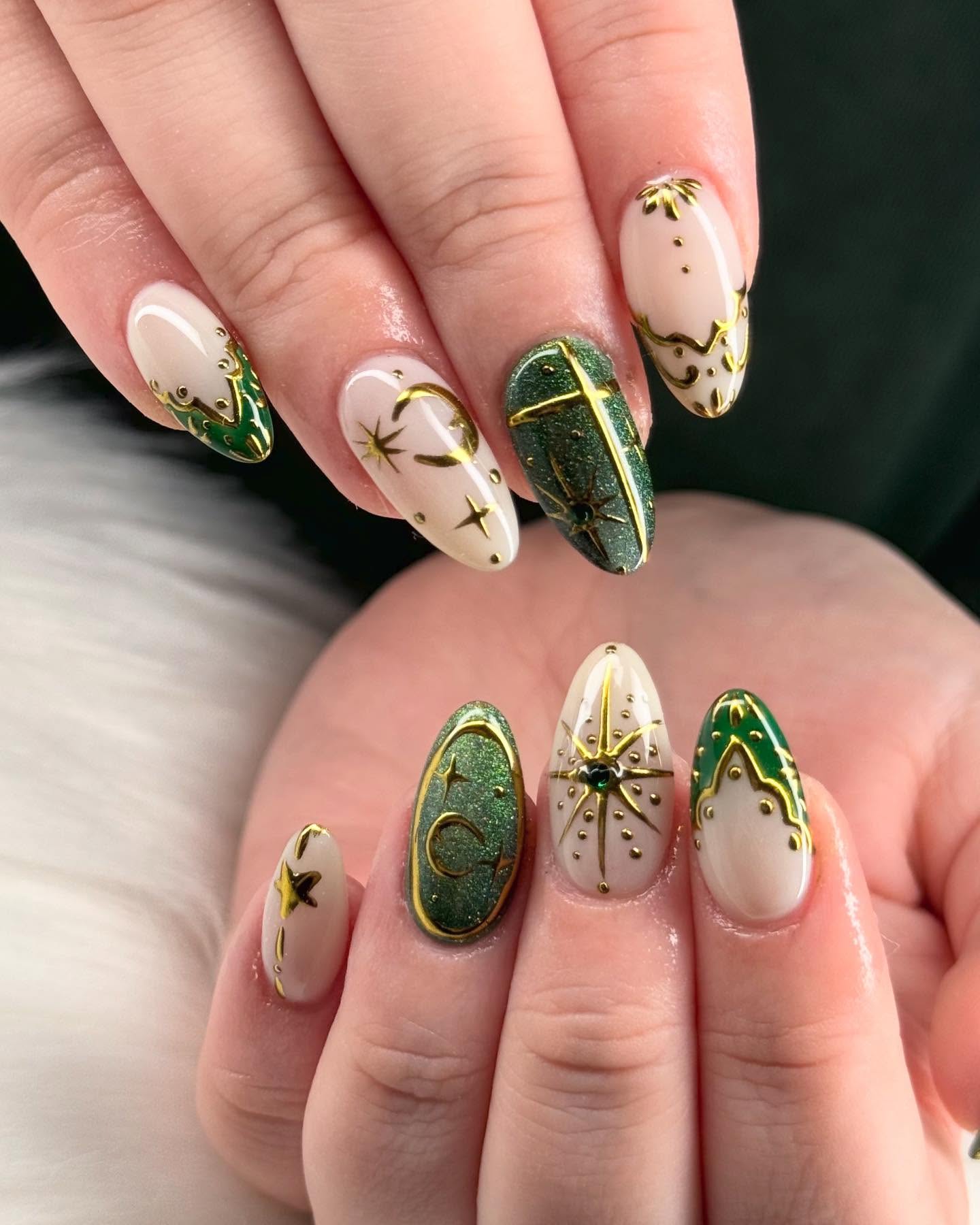 Emerald Glitter Celestial Almond Nails