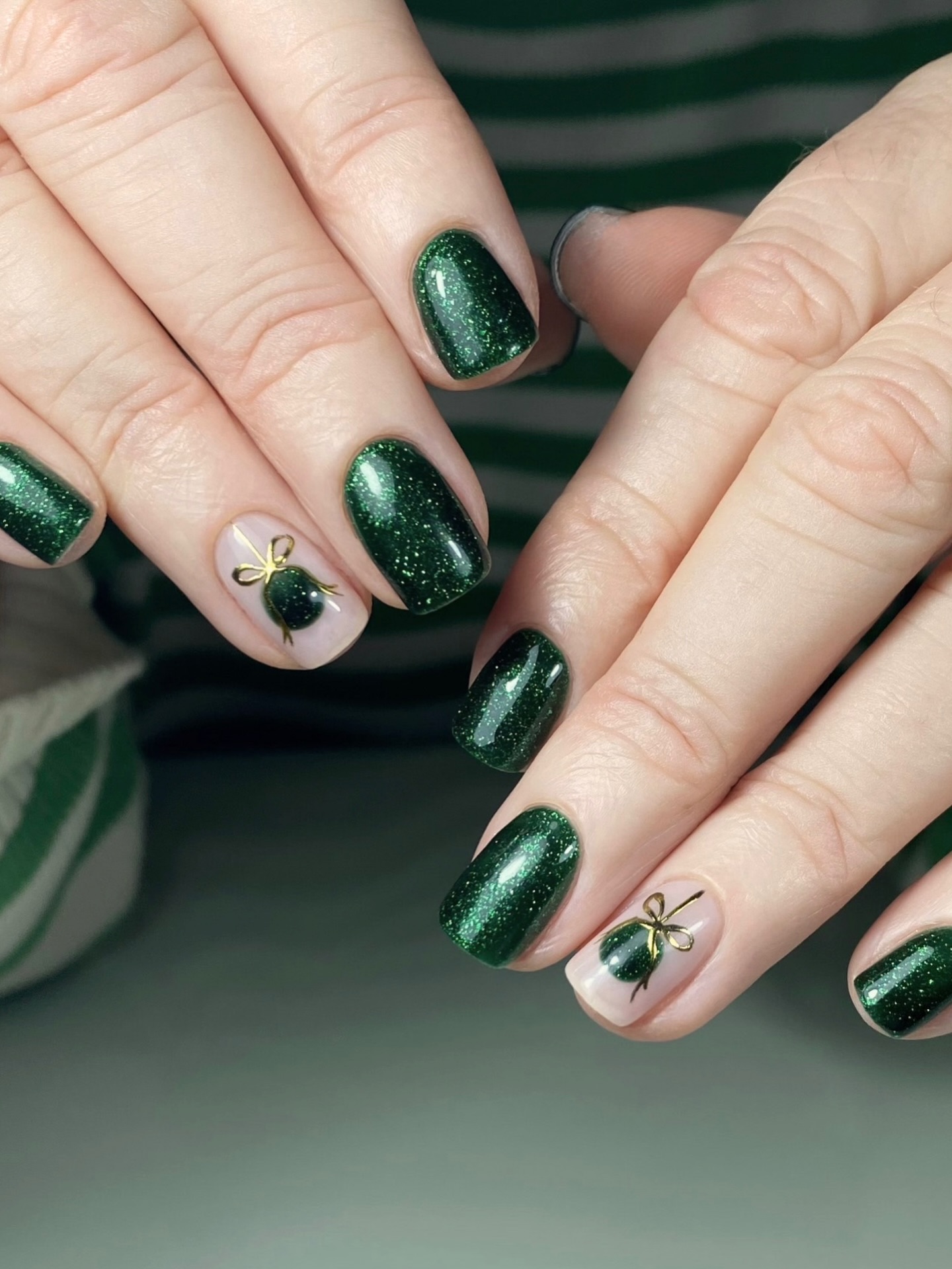 Emerald Glitter Christmas Ornaments With Gold Bows