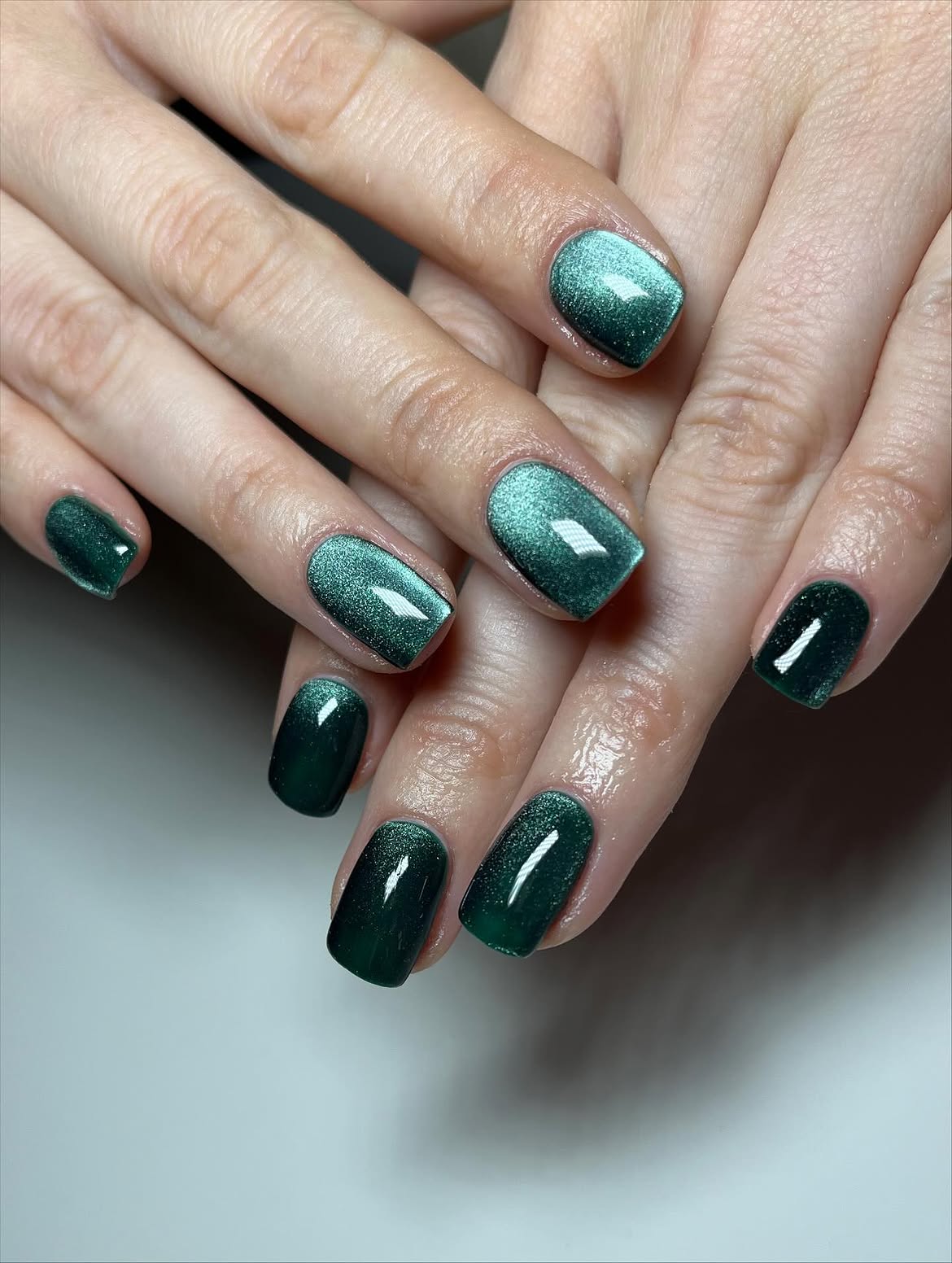 Emerald Green Cat Eye Short Square Nails