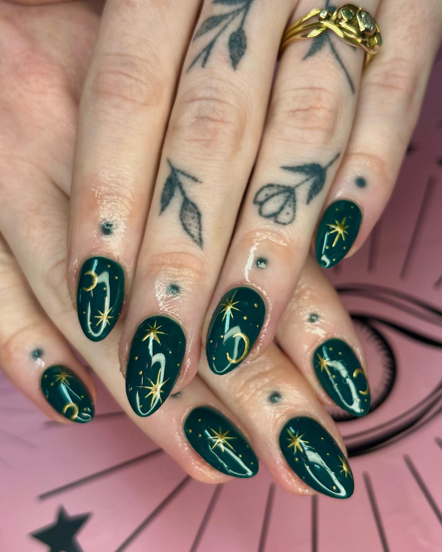 Emerald Green Celestial Almond Nails