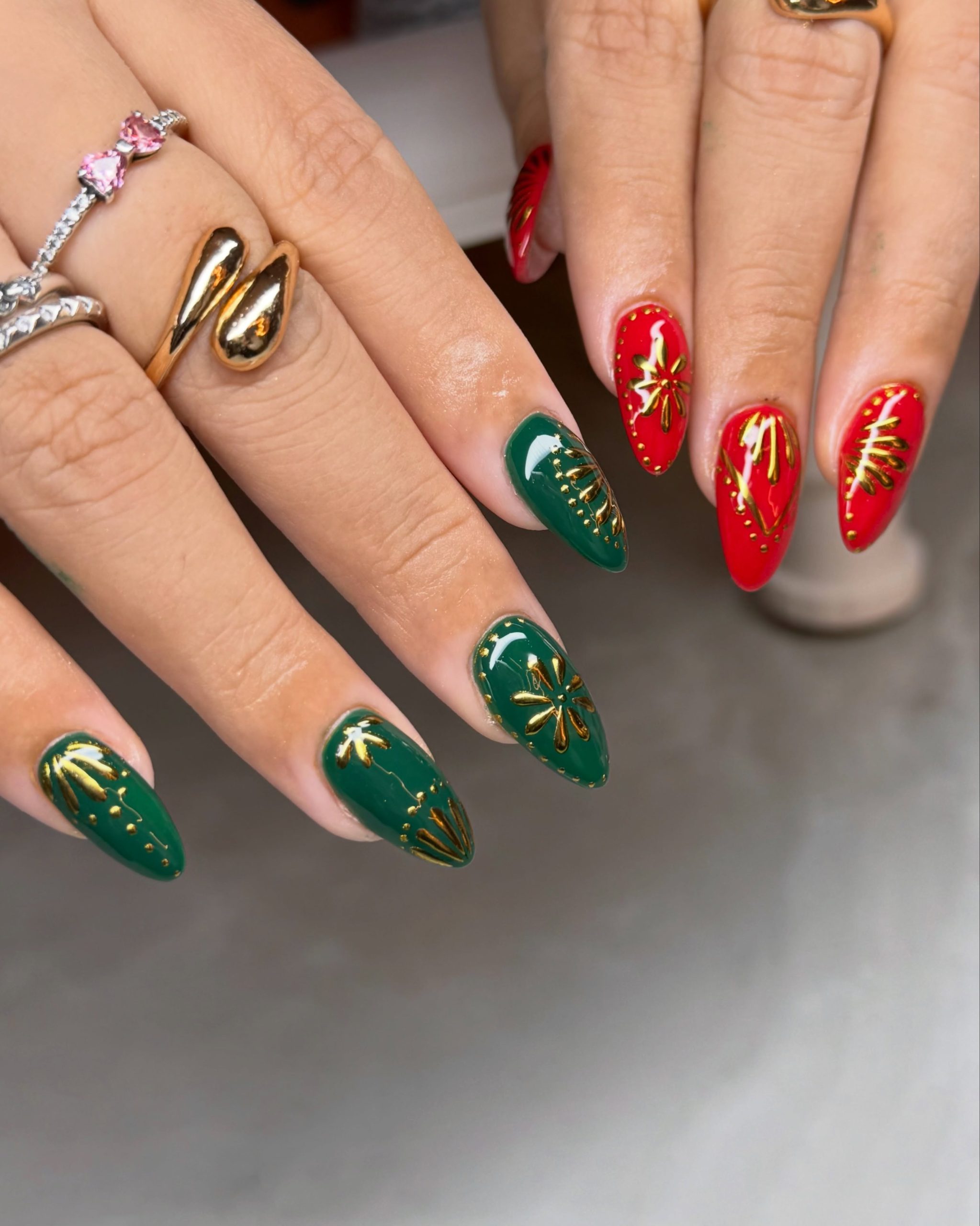 Emerald Green & Crimson Red Christmas Nails