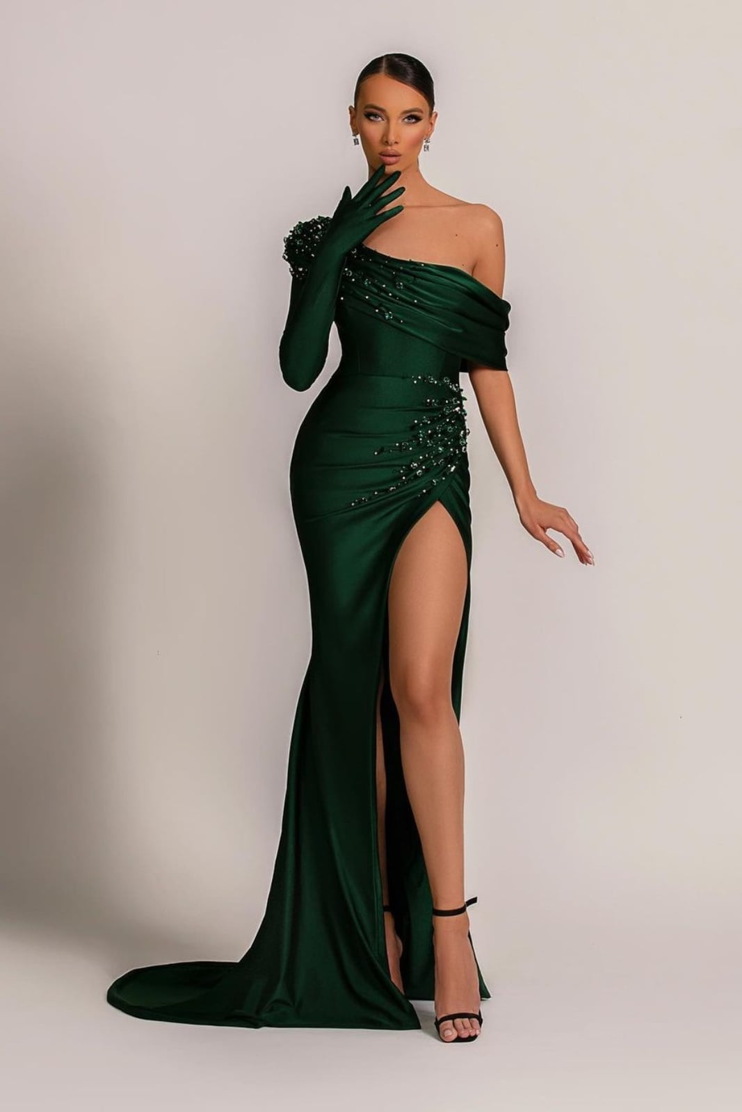 Emerald green satin one shoulder gown with train Emerald green satin one shoulder gown with train — Emerald Green Dress