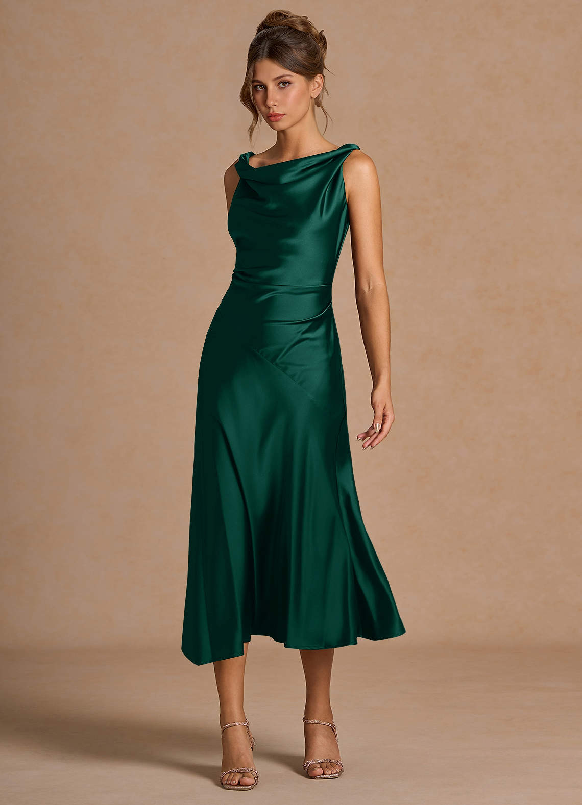 Satin midi dress with cowl neck Satin midi dress with cowl neck — Emerald Green Dress