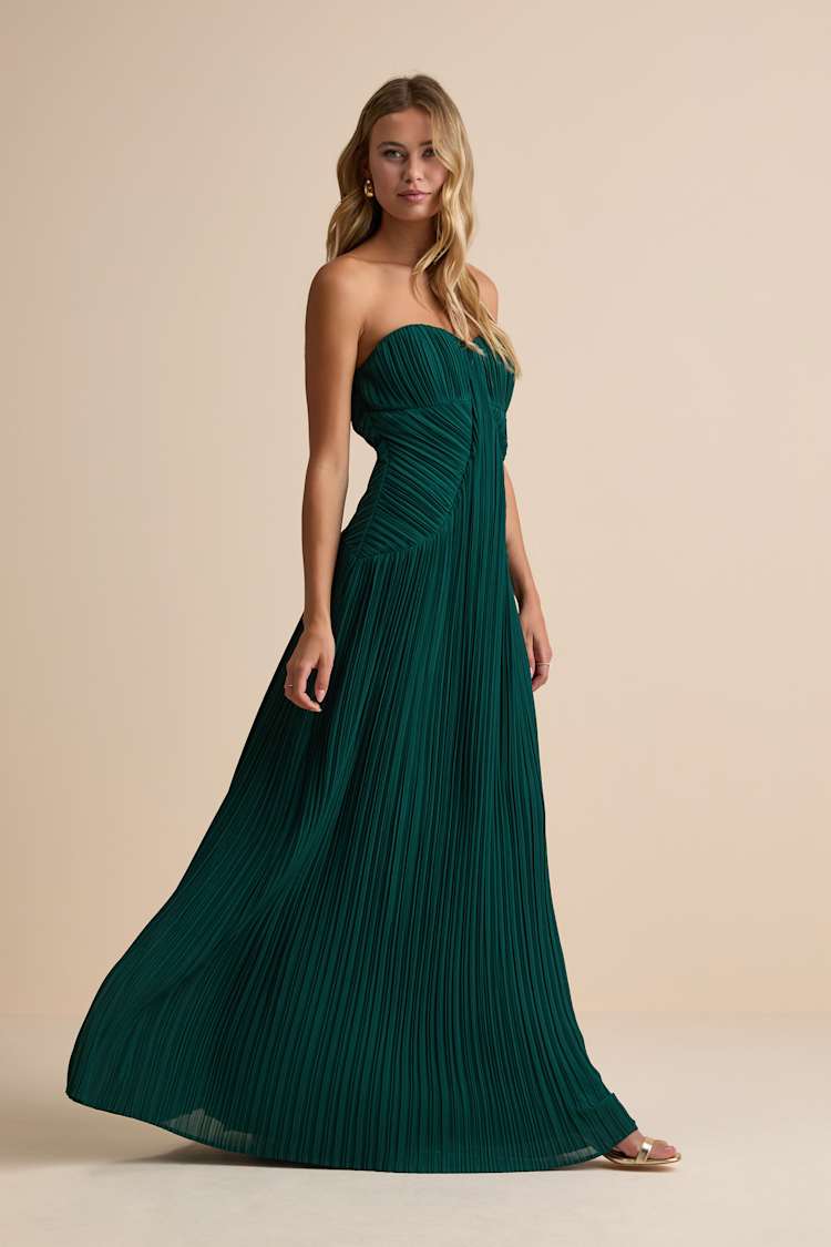 Strapless maxi dress in pleated satin Strapless maxi dress in pleated satin — Emerald Green Dress