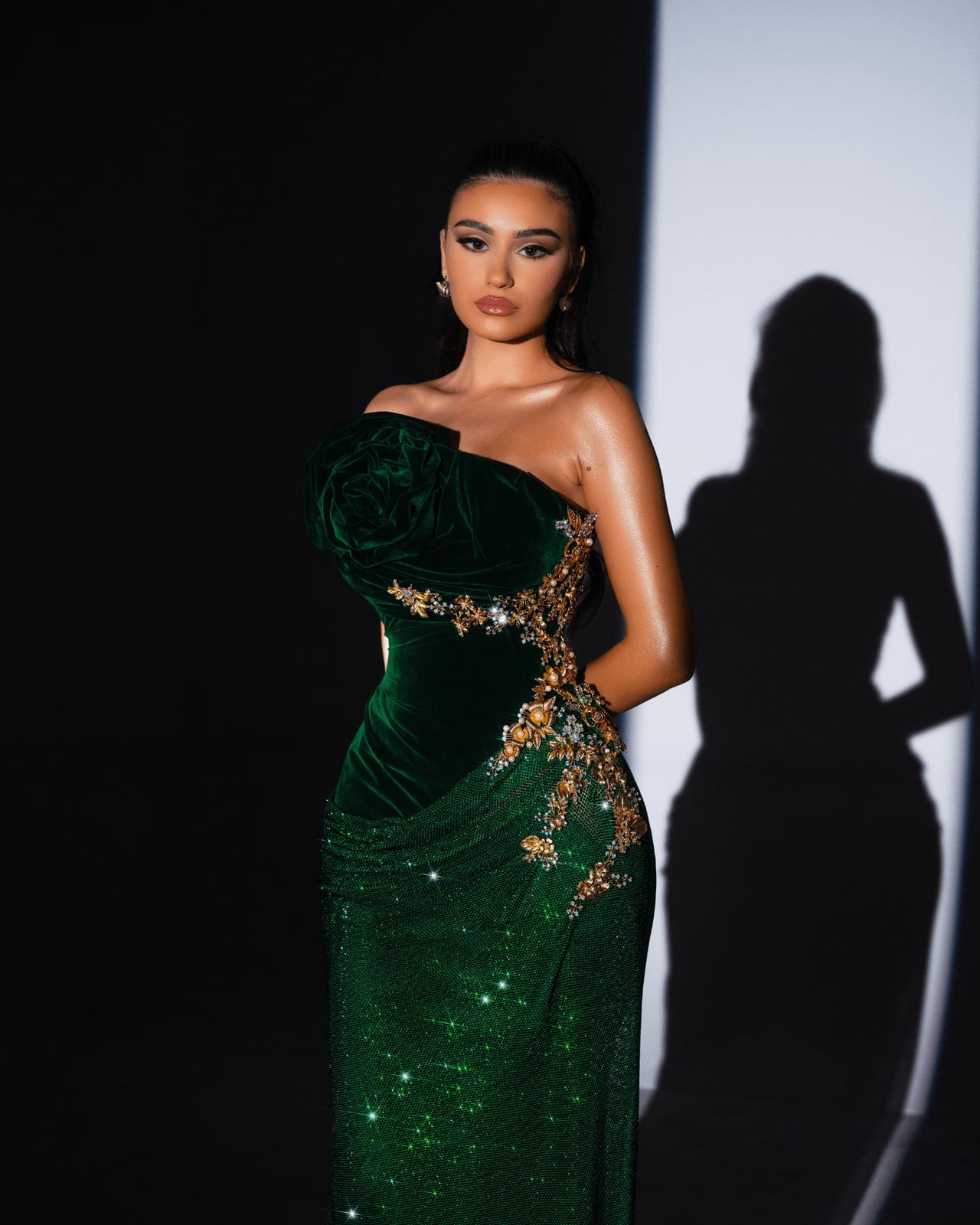Velvet and sequin one shoulder dress with rose detail Velvet and sequin one shoulder dress with rose detail — Emerald Green Dress