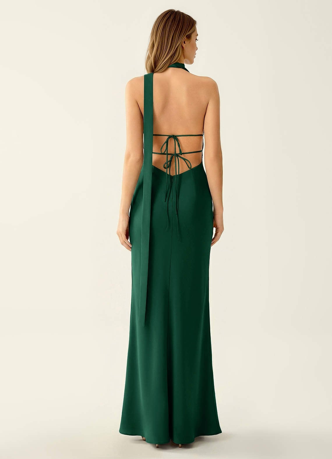 Stretch satin maxi dress with backless design Stretch satin maxi dress with backless design — Emerald Green Dress