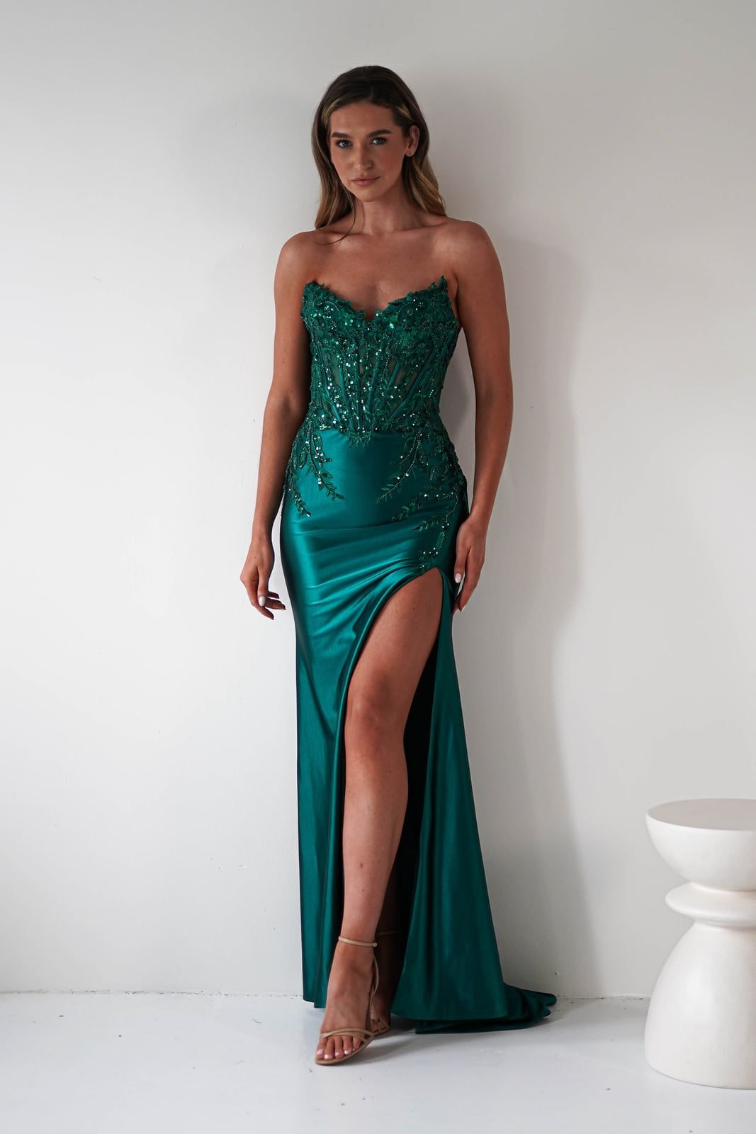 Strapless gown with ornate bodice and high slit Strapless gown with ornate bodice and high slit — Emerald Green Dress