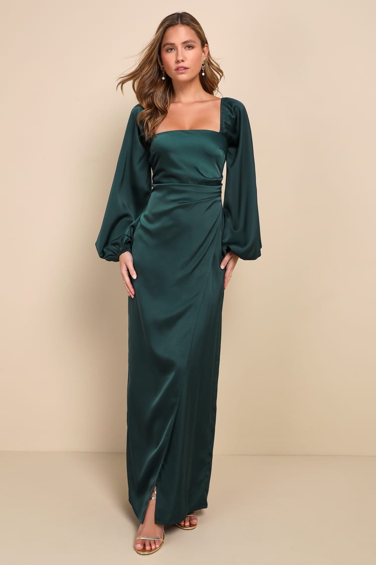 Satin wrap dress with square neckline Satin wrap dress with square neckline — Emerald Green Dress
