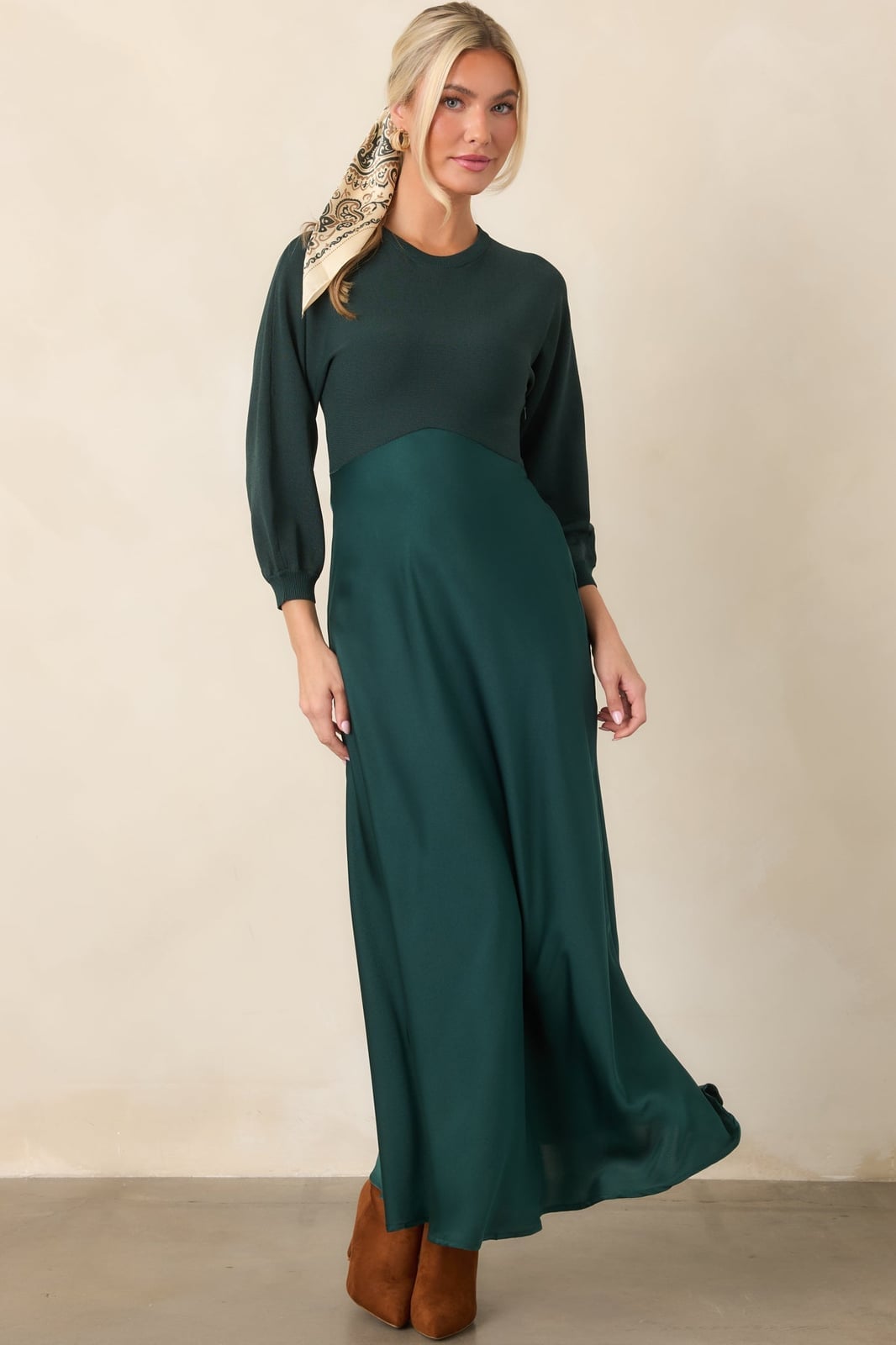 Two tone knit top and satin slip dress Two tone knit top and satin slip dress — Emerald Green Dress