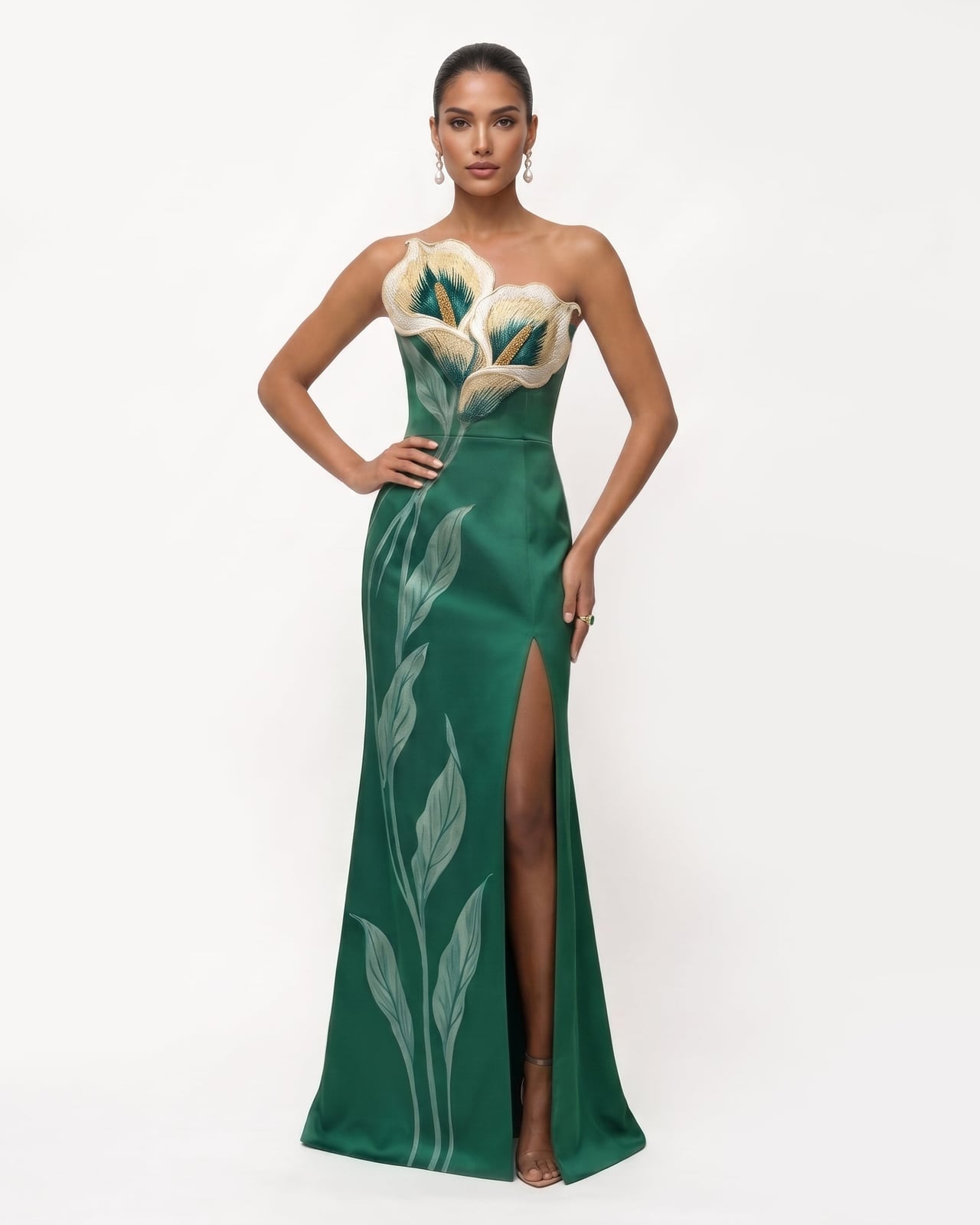 Satin strapless maxi dress with floral embroidery Satin strapless maxi dress with floral embroidery — Emerald Green Dress