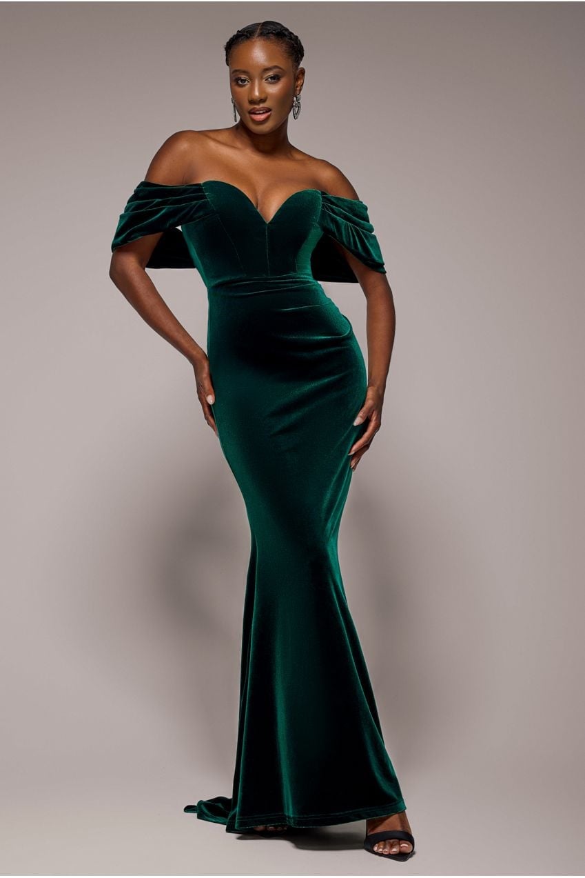 Velvet off the shoulder gown with deep plunge Velvet off the shoulder gown with deep plunge — Emerald Green Dress