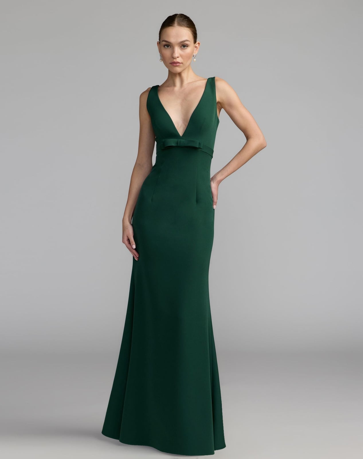 Crepe mermaid gown with bow detail Crepe mermaid gown with bow detail — Emerald Green Dress