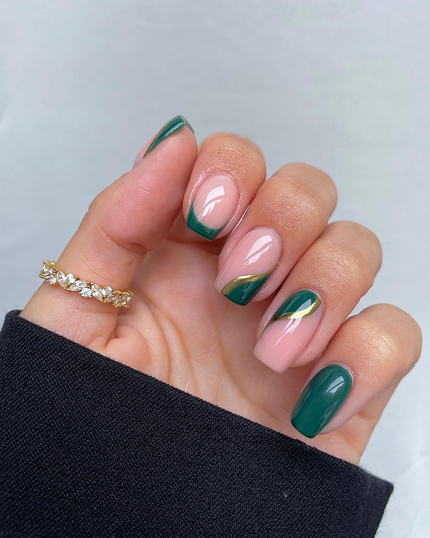 Emerald Green French Tip With Gold Stripe Accents