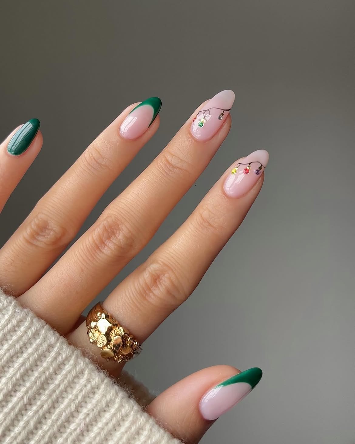 Emerald Green French Tips With Christmas Lights